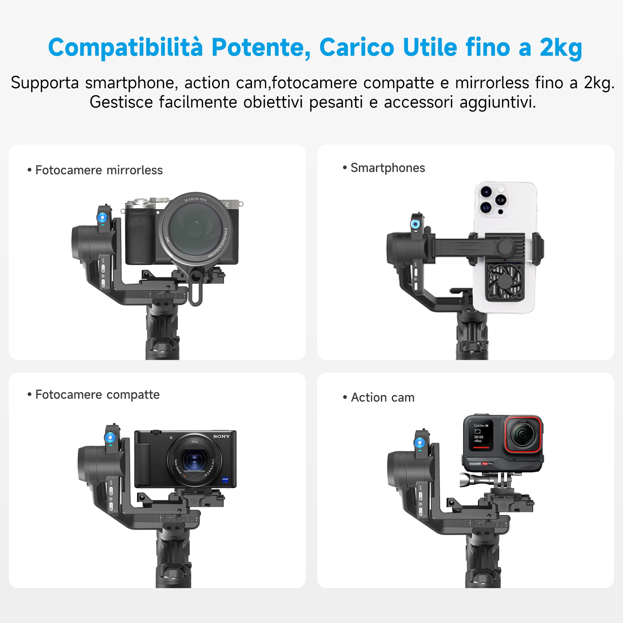 [Ufficiale]Feiyutech SCORP Mini 3 Pro Stabilizzatore Gimbal 3 Assi,AI Tracking4.0 Integrato,Impugnatura Rimovibile con Controllo Wireless,Carico Massimo 2KG,Gimbal Mirrorless per Fotocamere/Smartphone | Carico utile di 2 kg, manico remoto staccabile, scat
