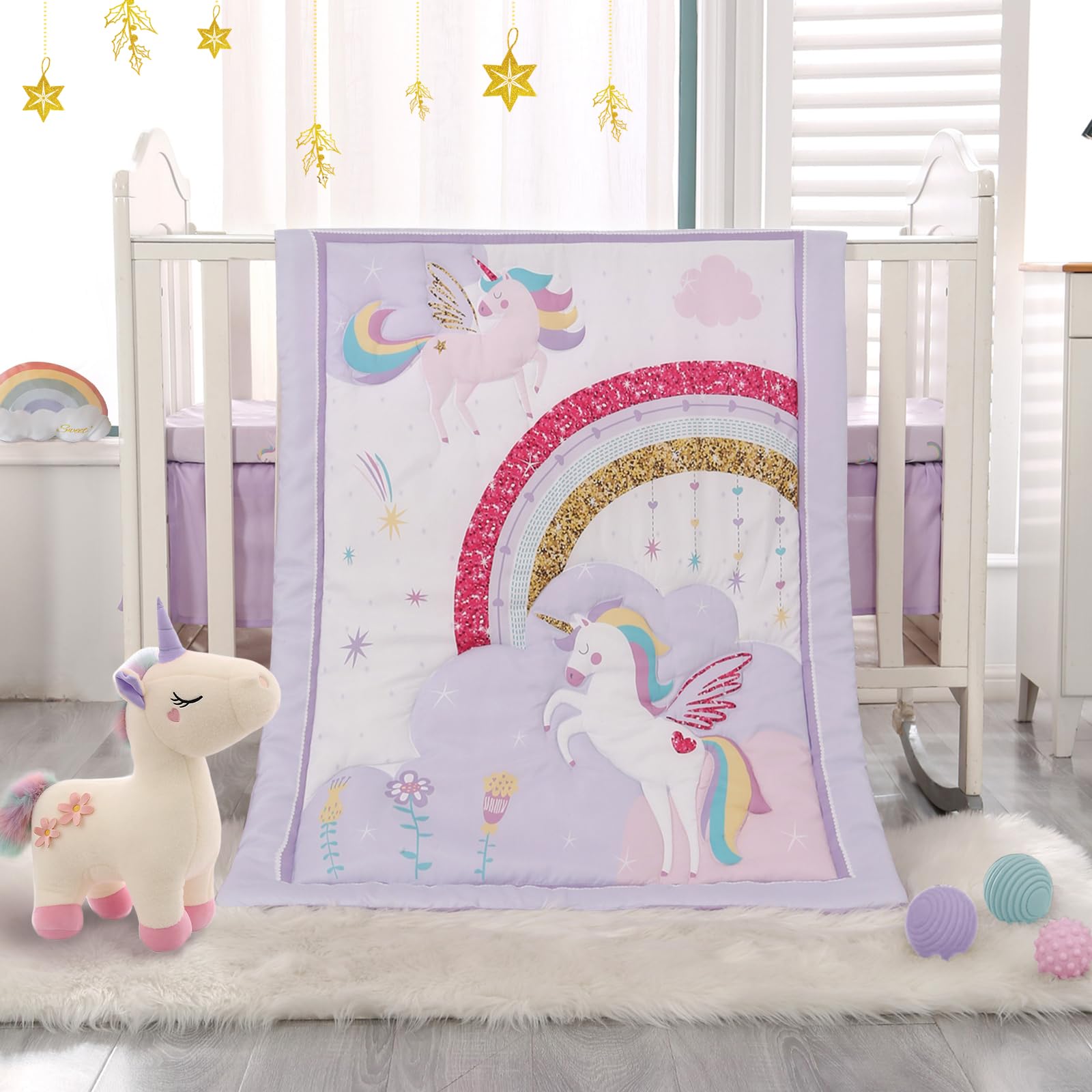 Unicorn Crib Bedding Set 3 Pieces Baby Girl Crib Bed Set Crib Comforter Set for Girls Nursery Bedding Set Purple Include Baby Comforter, Skirt and Sheet, Purple