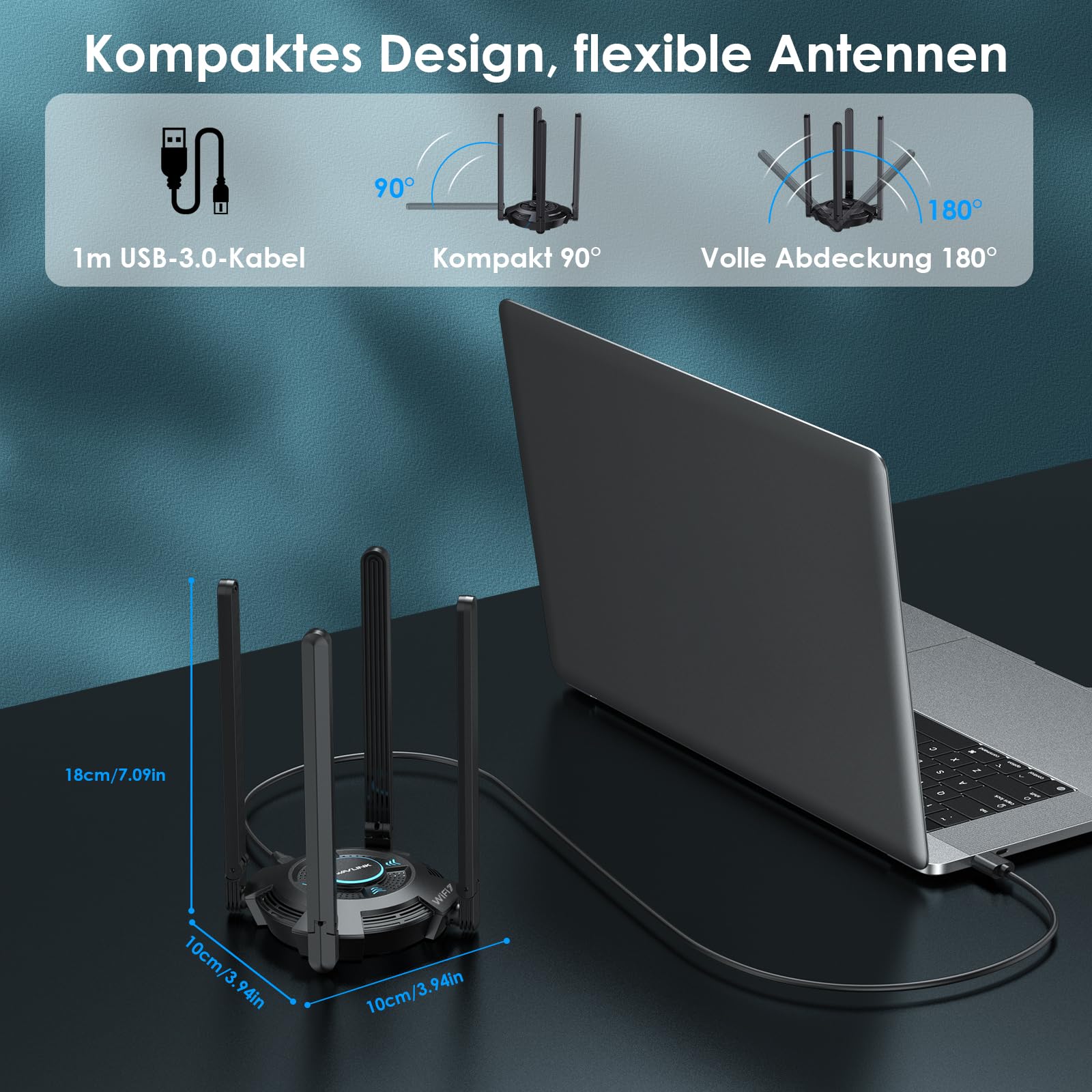 WAVLINK WiFi 7 USB WLAN Stick für PC, BE6500 Tri-Band USB WLAN Adapter mit integriertem Treiber, WPA3, MLO und Multi-RU, 5DBI-Antennen mit hoher Verstärkung, nur für Windows 11/10