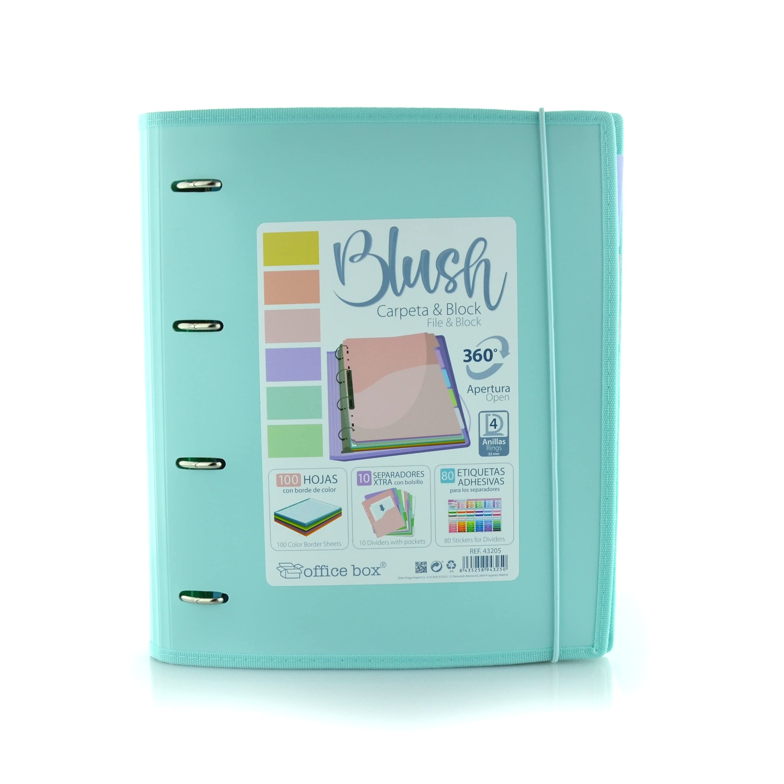 Carpeta & Block A4 Blush Pastel - Carpeta de 4 Anillas con bordes reforzados y Cierre de Gomas - Incluye 100 hojas con10 Separadores Dobles mas 80 Indicadores adhesivos by Office Box (Azul Blush)