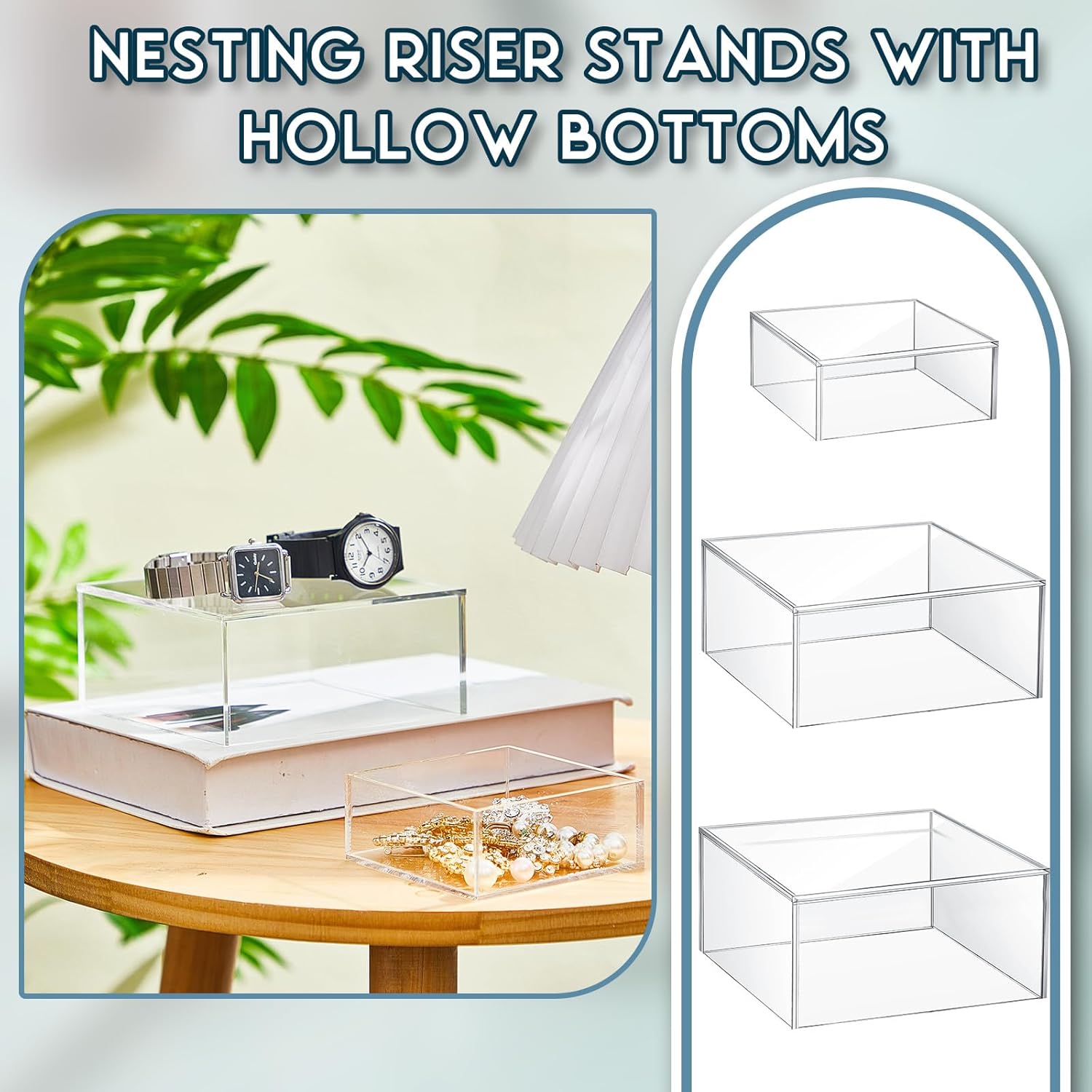 Jerify 12 Pcs Acrylic Risers Display Stands, 5.91'' 5.12'' 3.54'', Clear Square Nesting Pedestal Shelf with Hollow Bottom for Easter Egg Decor, Table Centerpiece, Food Risers for Party, 3 Sizes