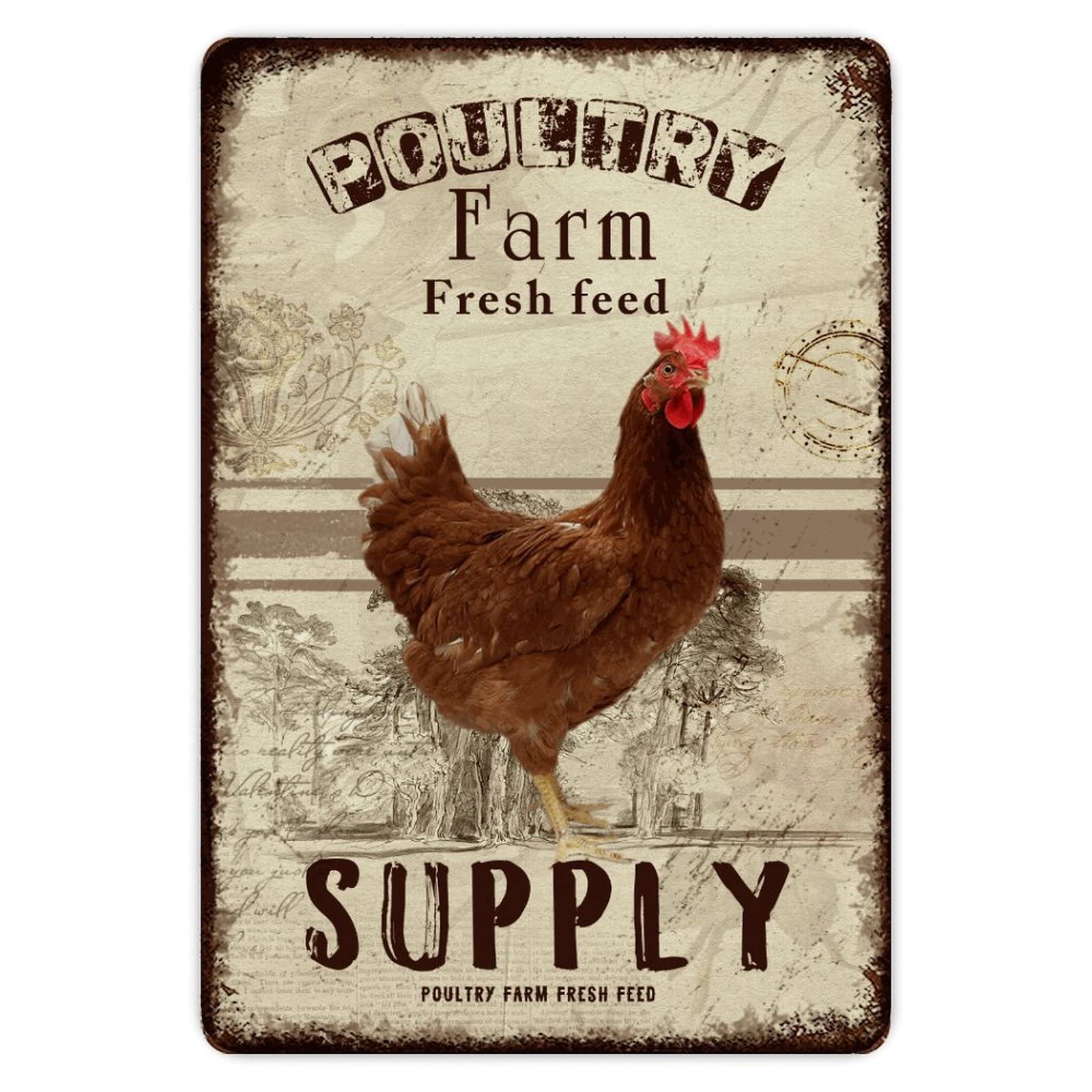 ENEDNATE Farm Fresh Feed Rooster Sign Metal Tin Sign 8x12 inch Business Retail Store Home Restaurant Bar Wall Decor Art Sign Post