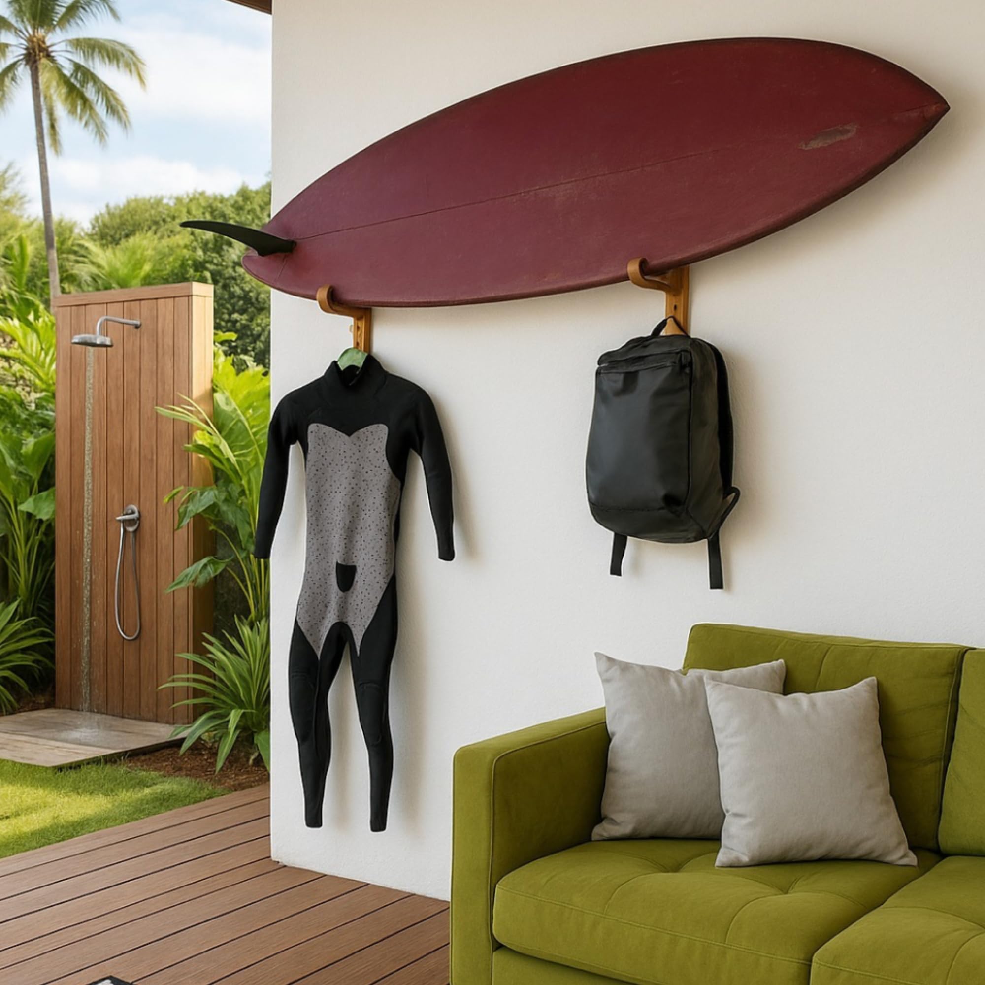 Soporte de pared para monopatín y snowboard COR Surf | Soporte de monopatín de bambú con gancho de almacenamiento adicional para casco o bolsa
