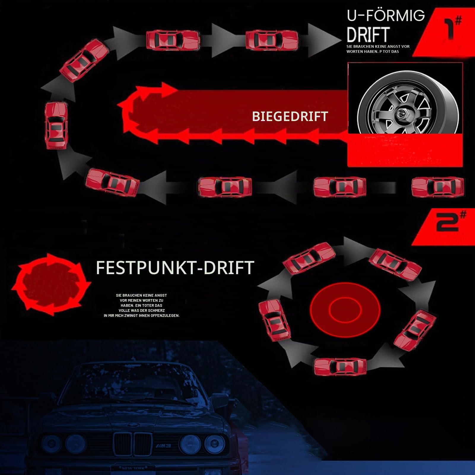 Drift Auto, 30 km/h RC Drift Car 1:16 2,4 GHz Ferngesteuertes Auto 4WD RC Auto Drift Car mit LED Licht, 4 Rennen und Drift-Rädern, Cooler Roter Retro Stil