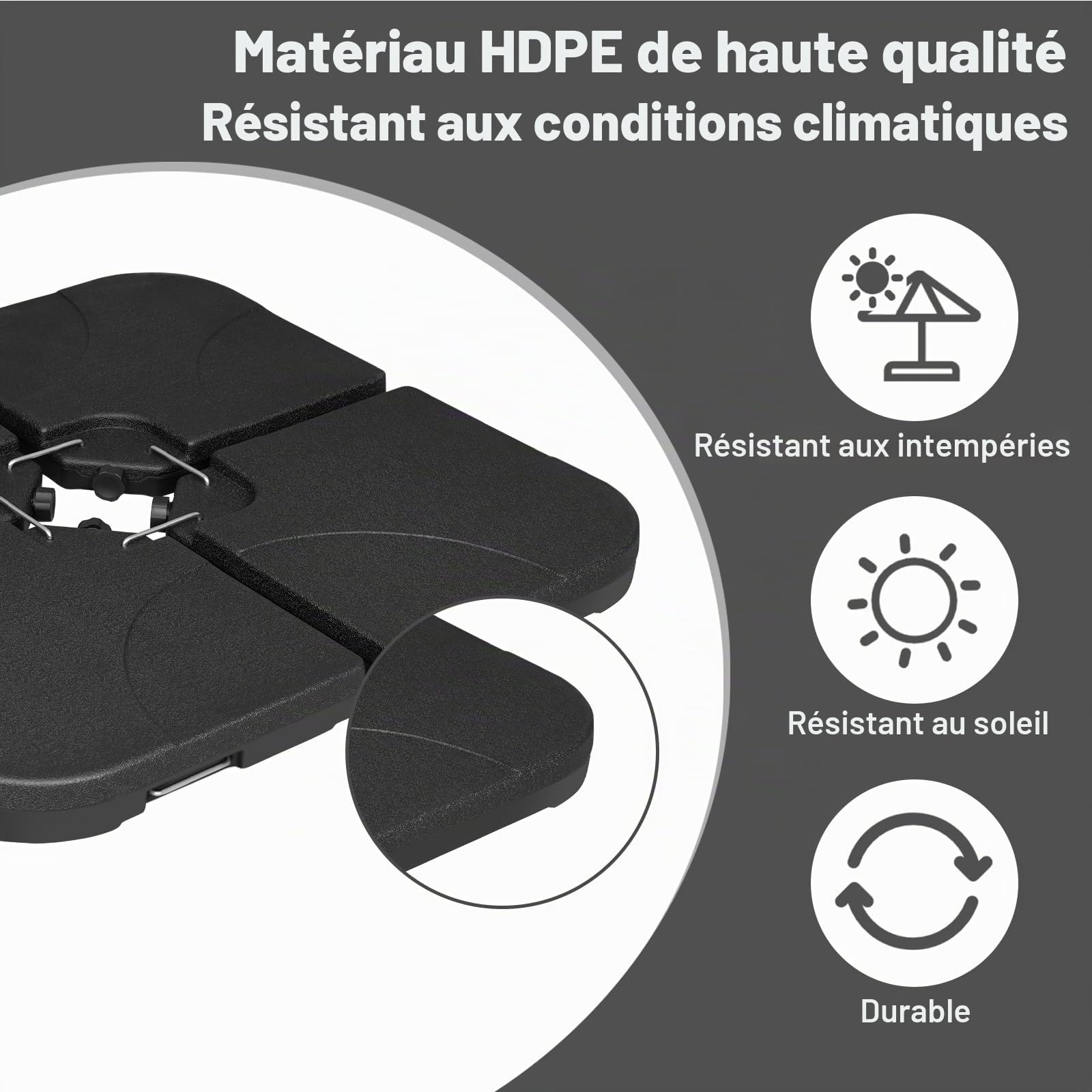 WOLTU Pied de Parasol 4 Pièces, Poids pour Parasol Croix de Sol, 60 L/80 kg, à Remplir d'eau ou de Sable, avec Connecteurs Métalliques, en Plastique, Carré, Noir