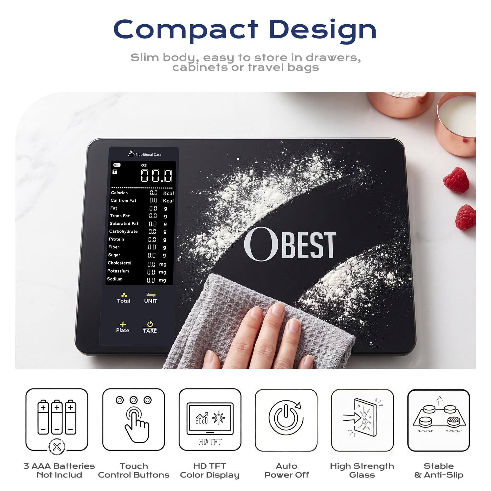 OBEST Balance de Cuisine Numérique avec Suivi de 30 Nutriments, 10kg/1g | Balance Intelligente avec Calcul Calories, Bluetooth Balance Alimentaire pour Perte de Poids, à Ecran LCD, Tara Fonction