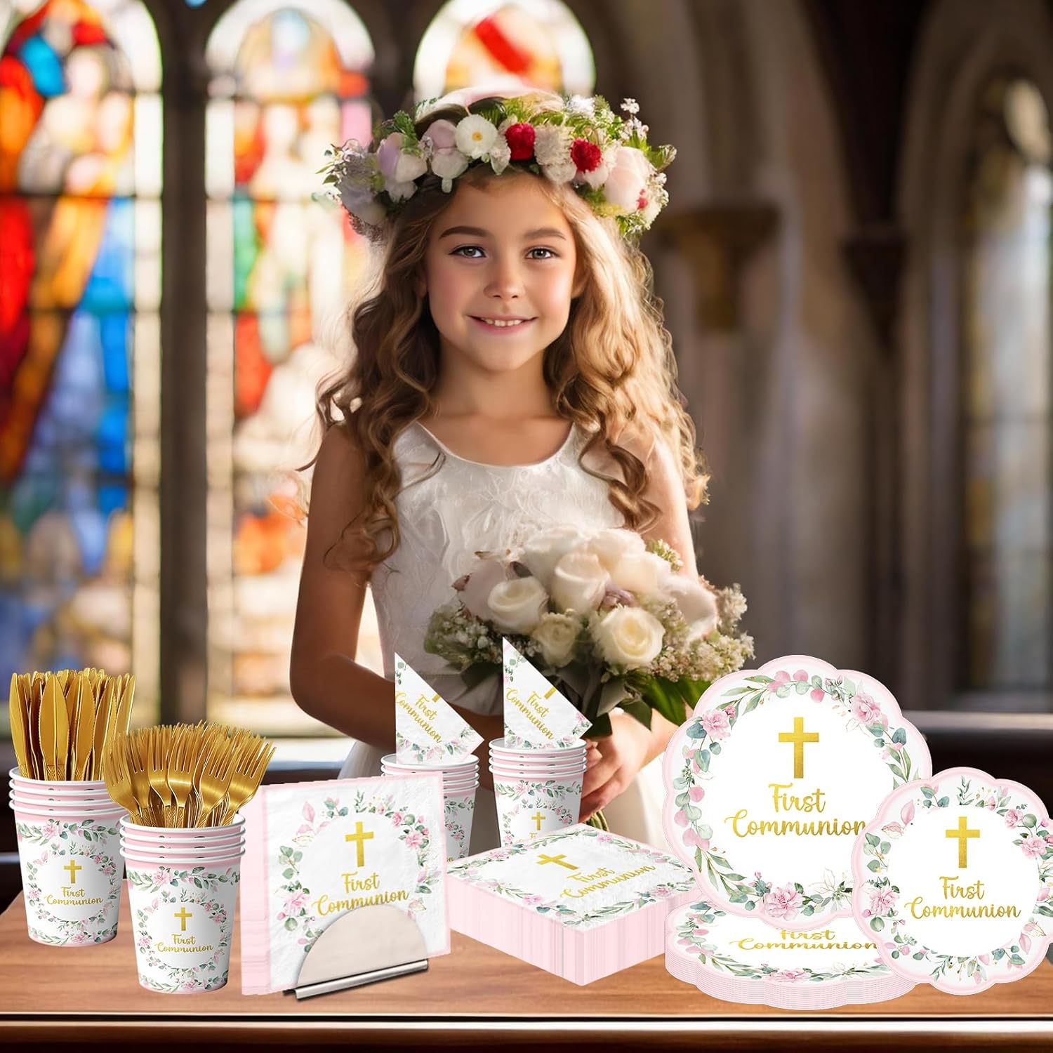 First Communion Decorations for Girls, First Communion Plates and Napkins Pink Primera Comunion Decoracion for First Holy Communion Baptism Party Decorations Serves 25