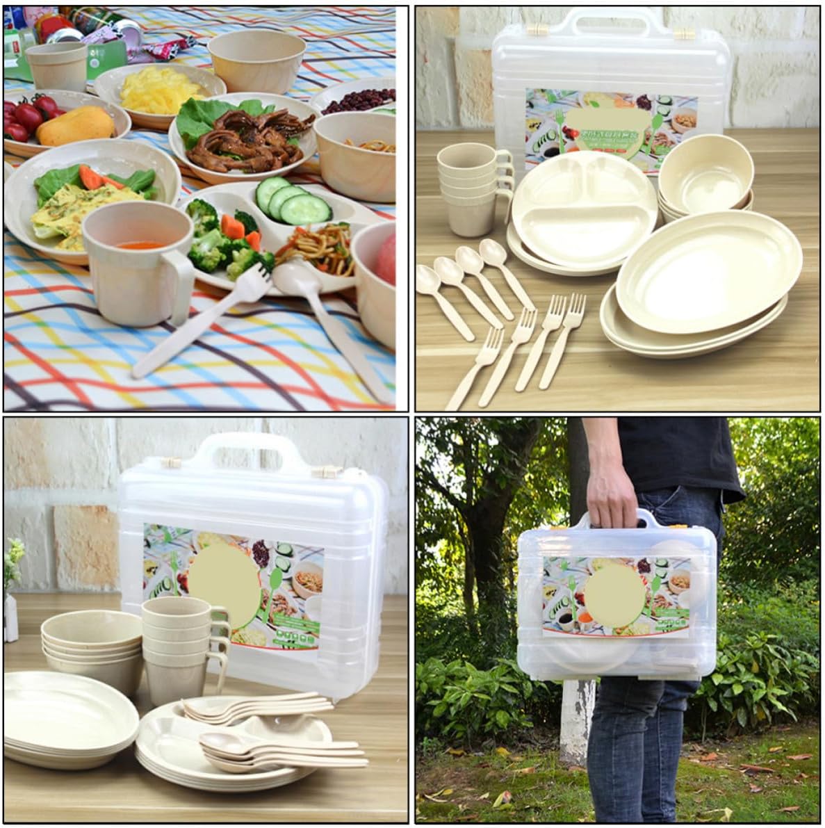 24pcs Portable Plastic Camping Tableware Set with Reusable Plates Bowls and Cutlery, Lightweight and Easy to Use Food Dish for Outdoor Picnic and Park