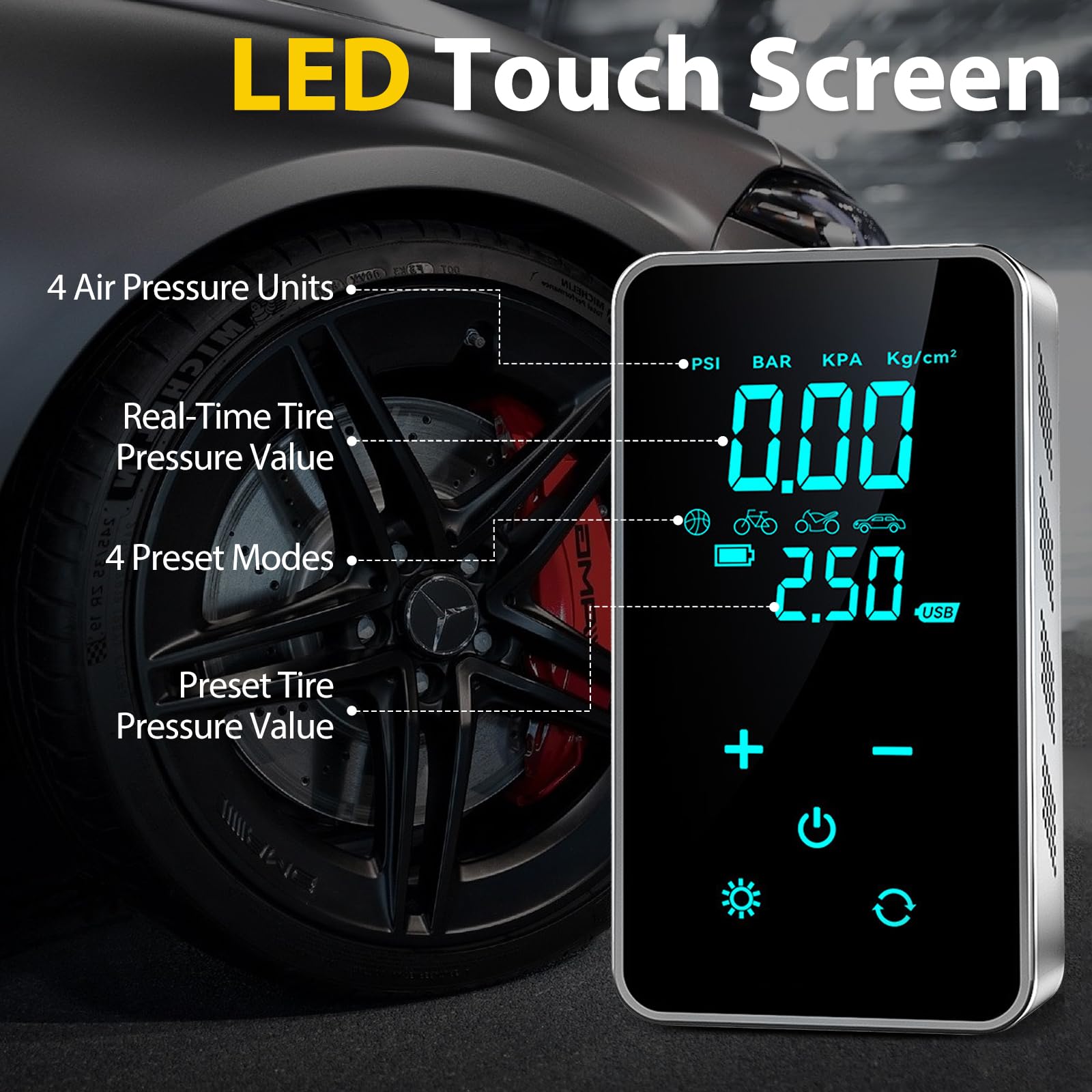 Elektrische Luftpumpe,150PSI Tragbar Mini Kompressor mit Digitale Anzeige, Elektrischer Kompressor Fahrradpumpe mit USB/LED-Licht, USB-Powerbank Multifunktions für Auto, Fahrrad, Motorrad