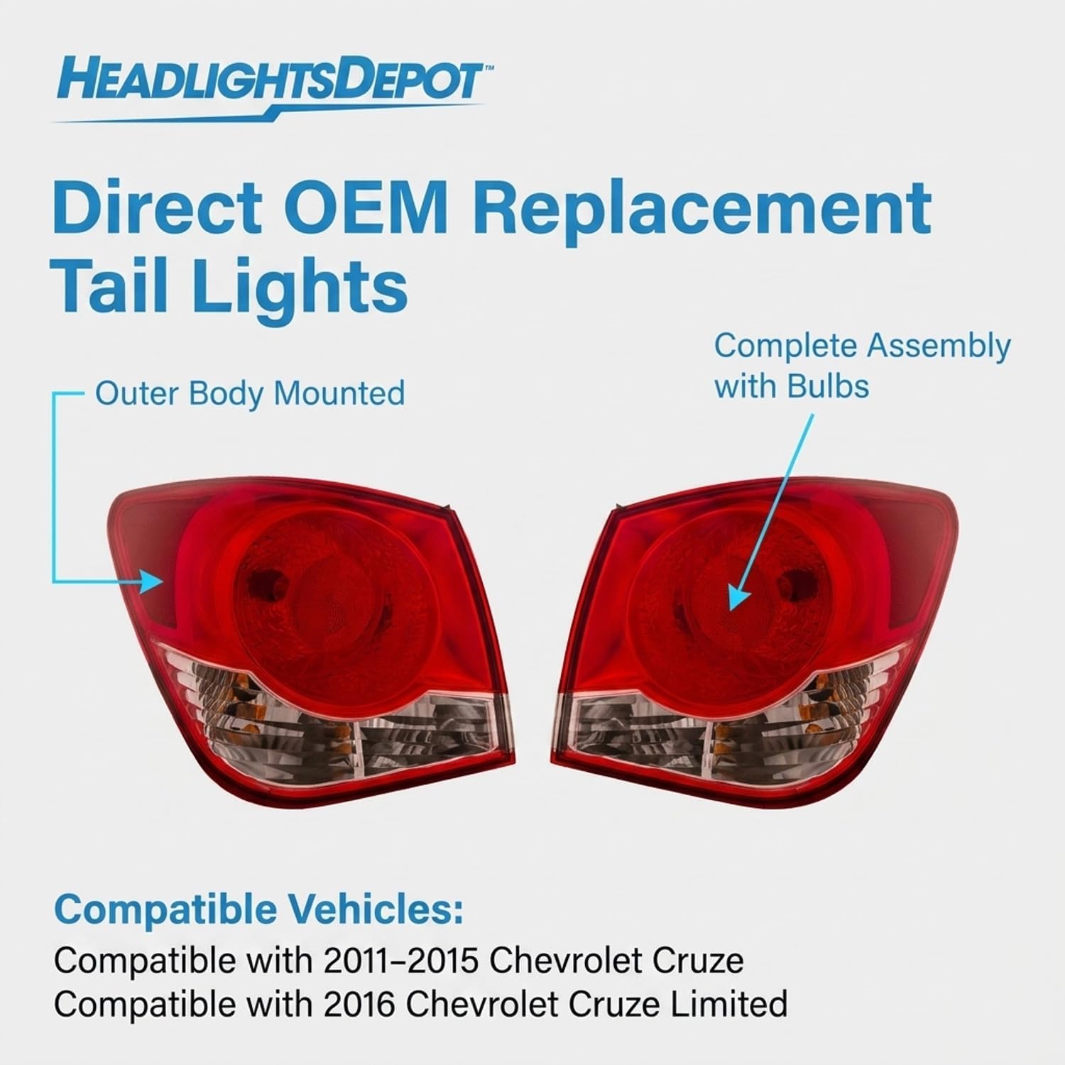 HEADLIGHTSDEPOT Tail Lights Set Driver Left Right Passenger Compatible with Fits 2011-2015 Cruze / 2016 Cruze Limited