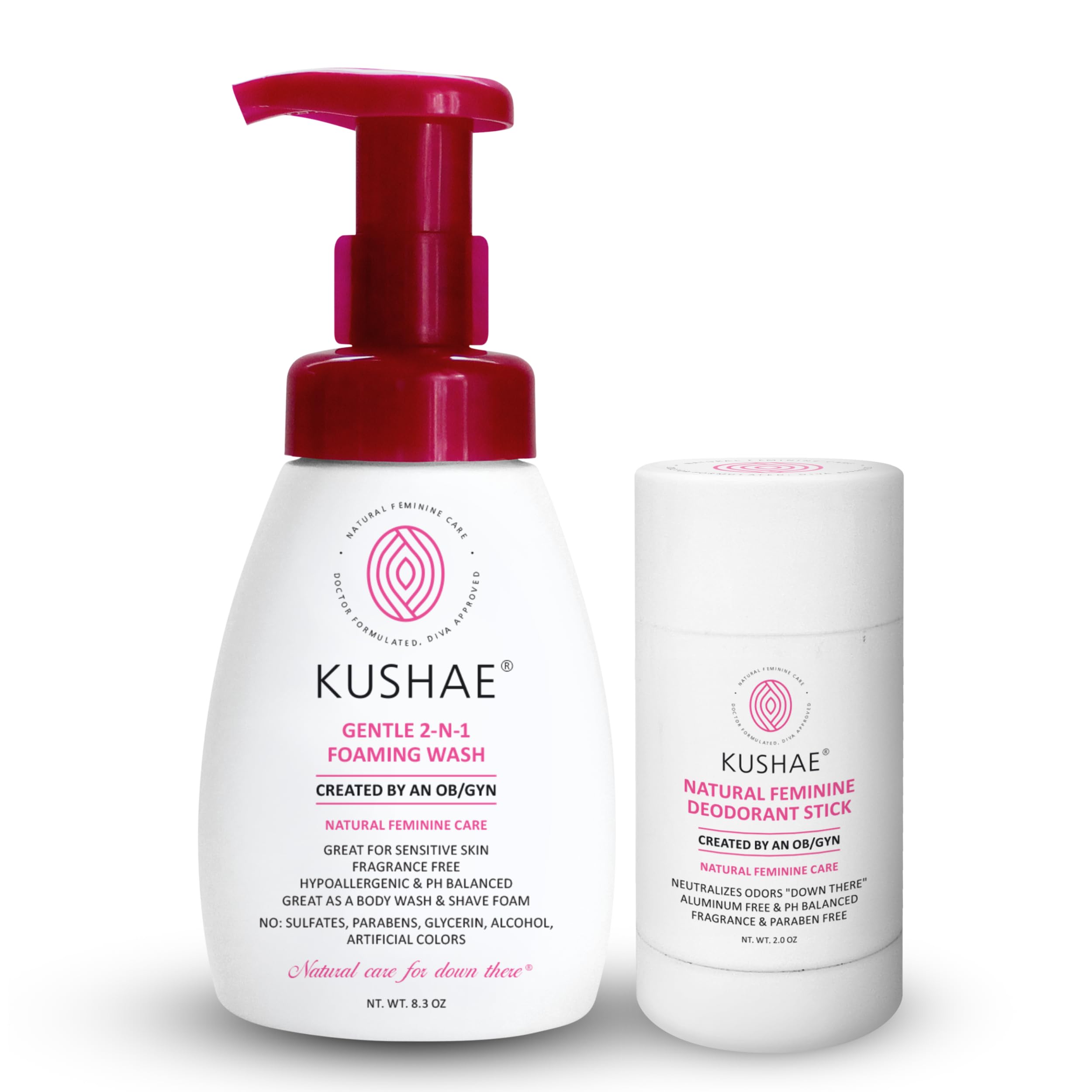 Kushae Feminine Hygiene Care Bundle - 2-in-1 Gentle Foaming Wash to Balance pH & Maintain Freshness - Feminine Deodorant Stick for Odor Protection - OB/GYN Made, All-Natural, Made in USA