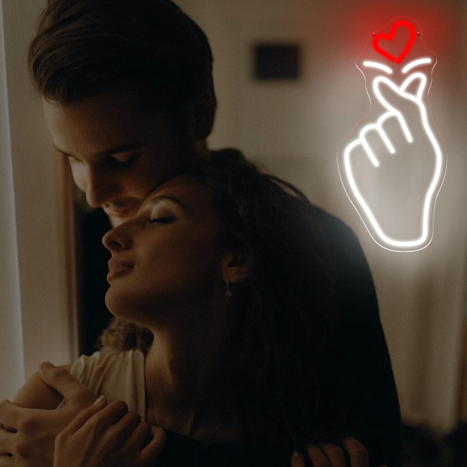 Letrero de neón con forma de corazón de dedo, 42,7 x 20,1 cm, luz LED de pared, alimentado por USB, romántica, decoración para dormitorio, sala de estar, día de San Valentín, boda, fiesta