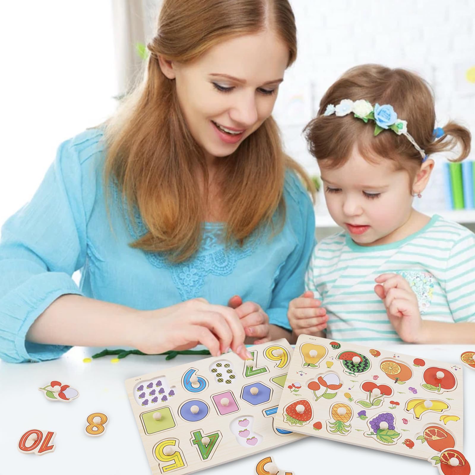 Puzzle con Bottoni in Legno per Bambini, 6 Pezzi Montessori Puzzle, Giocattolo Educativo Regalo per Bambini Ragazzi Ragazze