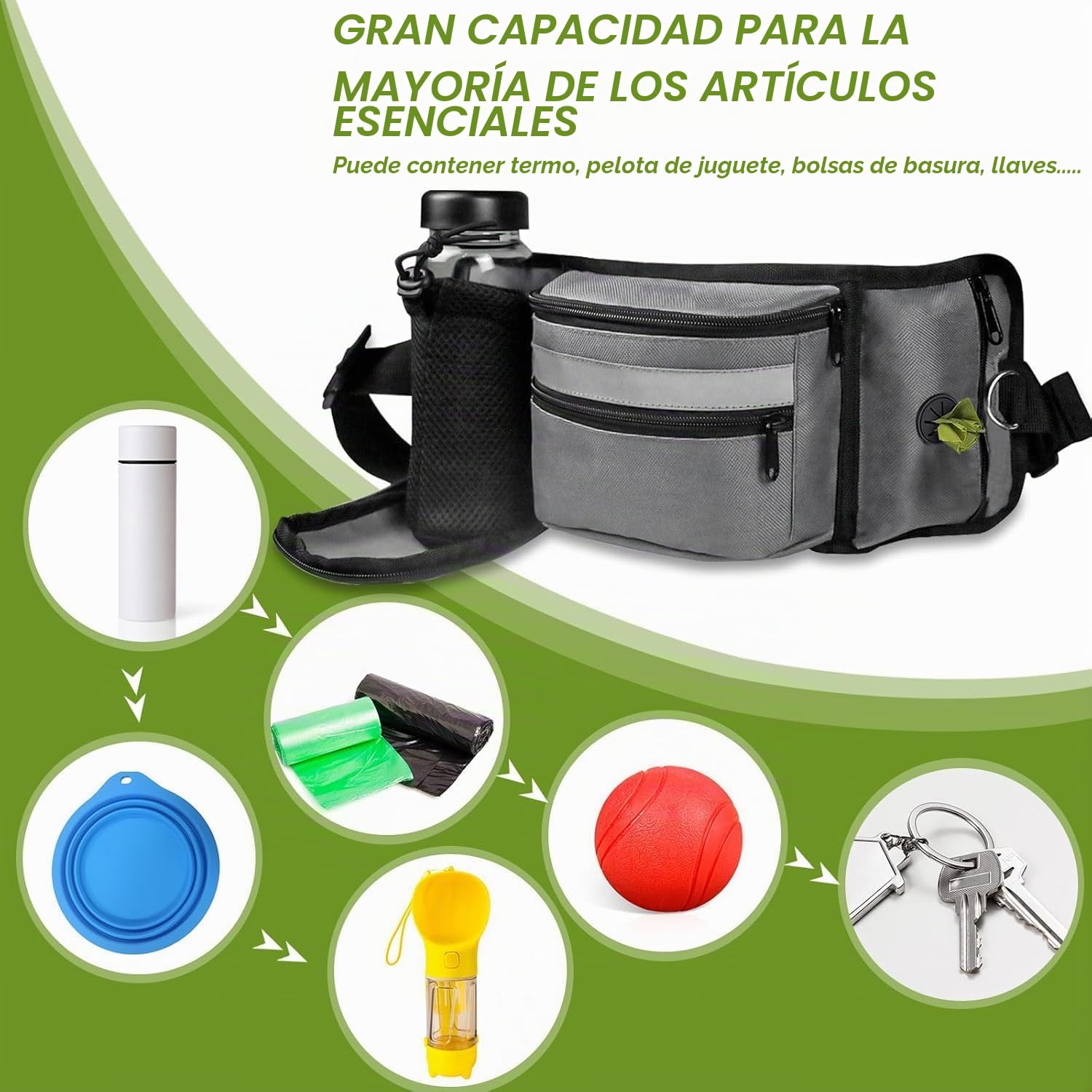 Bolsa para golosinas para Perros y Accesorios para Perros, Impermeable, riñonera con Soporte para Botellas, Correa Multifuncional, riñonera Ajustable para Senderismo, Paseos por Perros