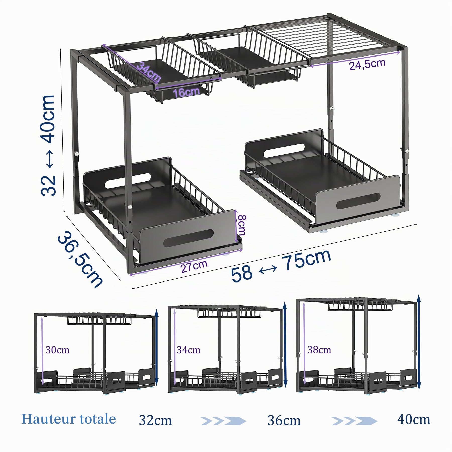 YunNasi Rangement Sous Evier, Extensible Organisateur à 2 Niveaux en Métal, Hauteur Réglable Coulissant Tiroir Étagères pour Placard Meuble Cuisine Salle Bain(Noir, B-Style)