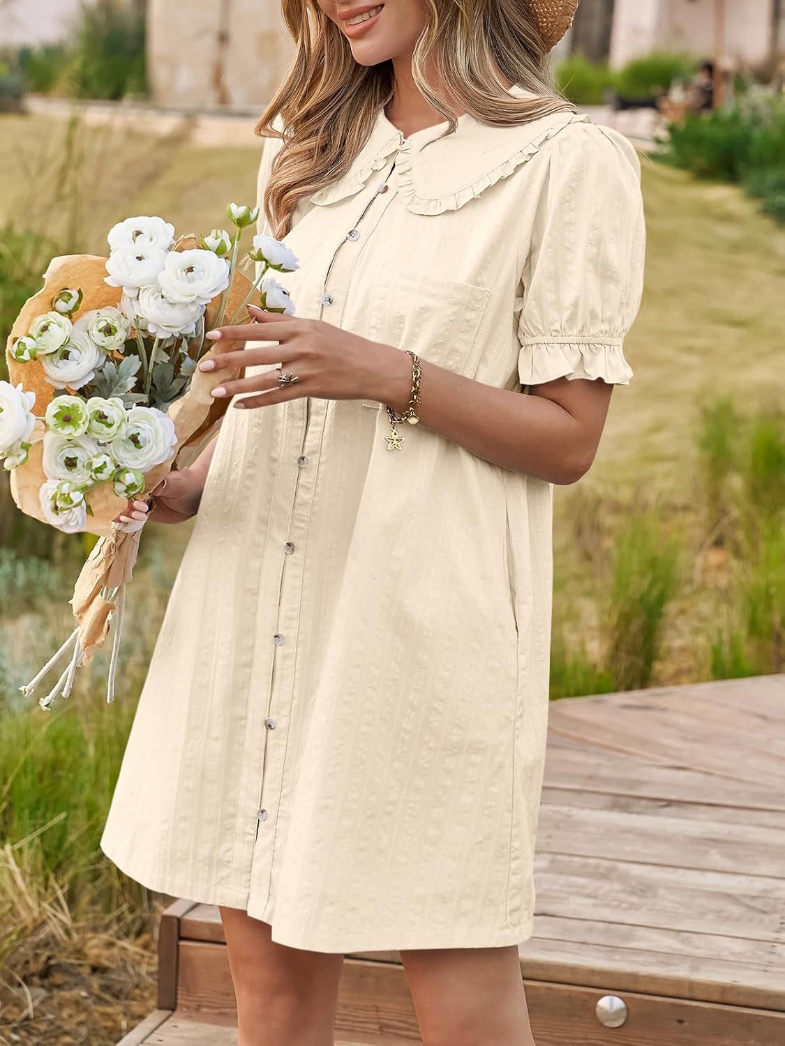 Cicy Bell Womens Puff Sleeve Peter Pan Collar Mini Shirt Dress Button Down Summer Casual Textured Short Dresses with Pockets - Image 3