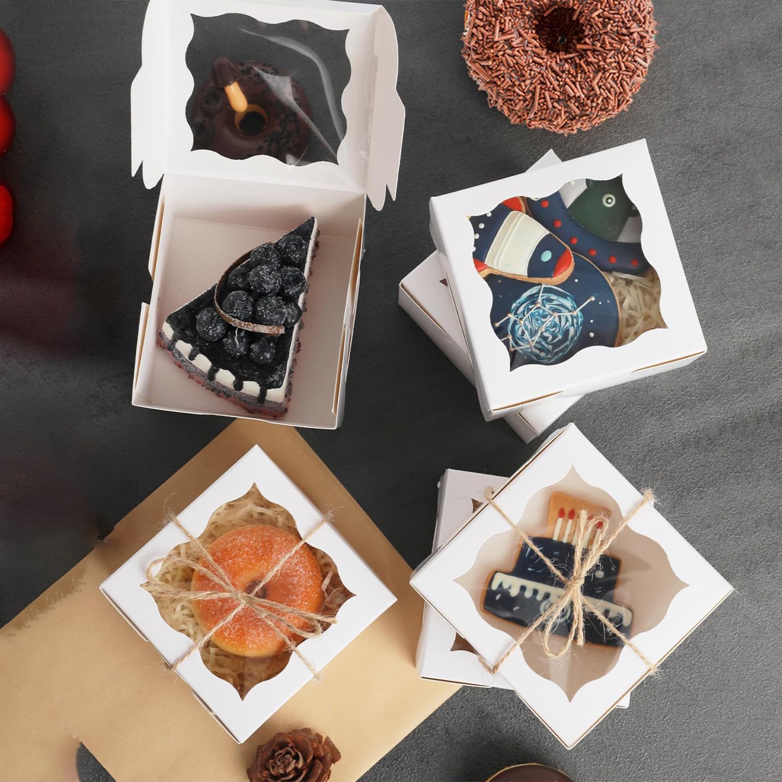 12 Pezzi Cupcake con Finestra Trasparente, Piccole Scatole per Caramelle con Finestra, Scatole Regalo in Carta Kraft Marrone/Bianco, per Caramelle, Cioccolato, Biscotti, Torte(15.3*15.3*7.6 cm)