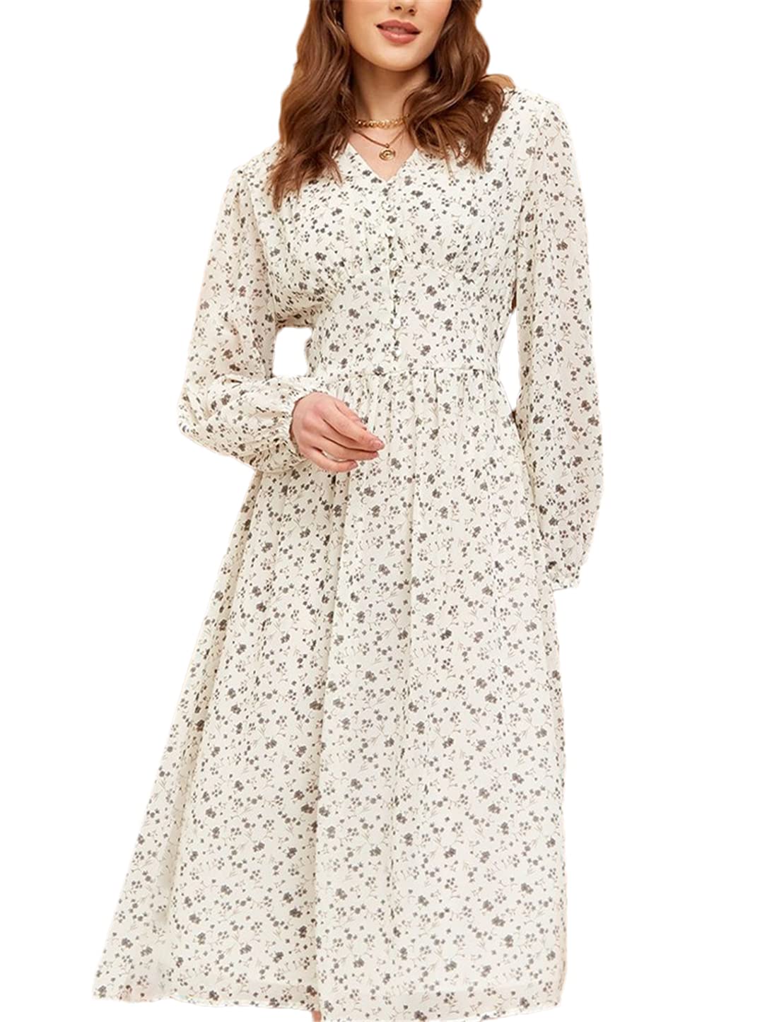 Adhdyuud Vestido midi de manga larga con cuello en V y estampado floral para mujer
