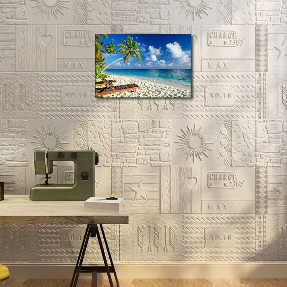 TISHIRON Canvas Wall Art Summer Ocean Coconut Trees on Sands Beach Panoramic Seascape Scenery Painting Canvas Artwork Sea Nature Picture for Home Office Wall Decor Framed Ready to Hang (18X12in) - Image 4