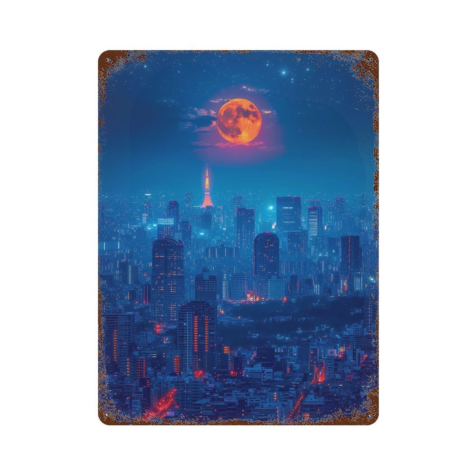 Rustic Tin Plaque Moonlit Metropolis 15.7"x11.8", Vintage Wall Decor for Pub, Kitchen And Man Cave Decor