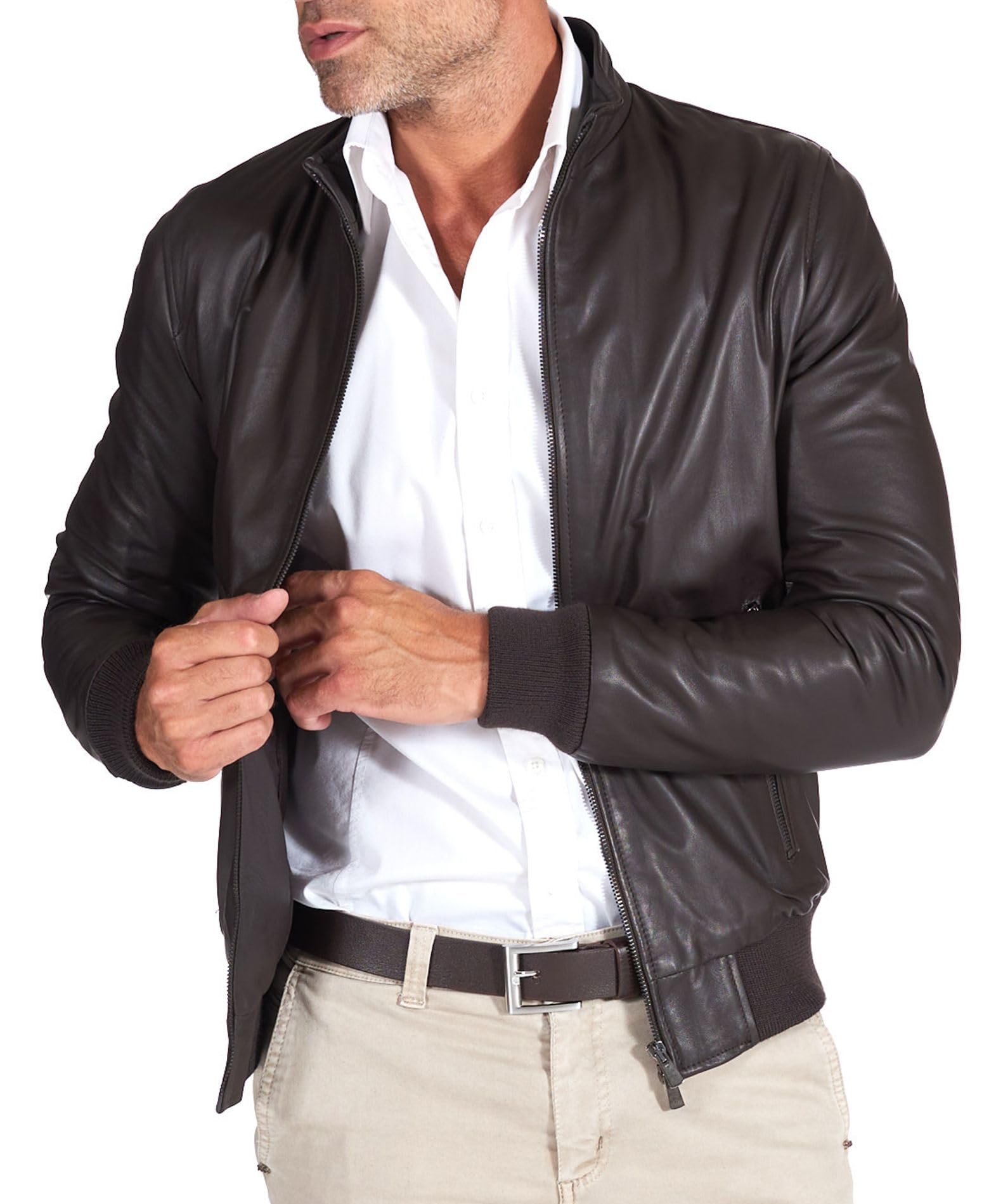 D'arienzo Men's Dark Brown Italian Bomber Natural Leather Jacket Moto Genuine Leather Made In Italy 106 48/S