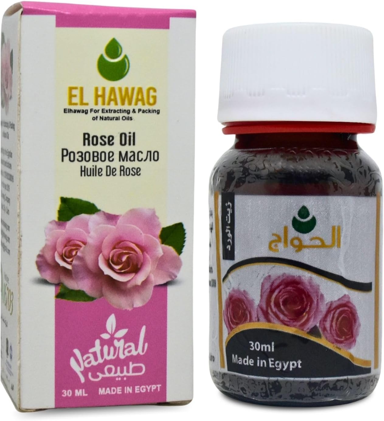 Rose Oil Elhawag Cold Pressed Premium Natural Pure Undiluted Fresh Original for The Body and Hair Non GMO Kosher Halal for Men & Women (1 Pack = 1.01 oz / 30 ml) زيت الورد الحواج حلال
