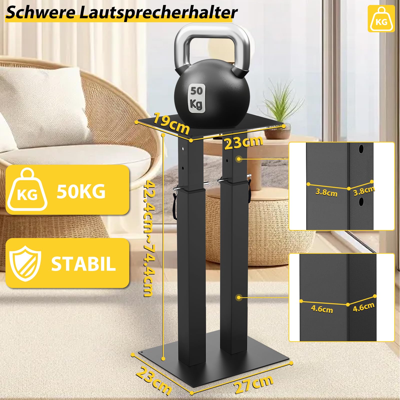 Höhenverstellbare Lautsprecherständer, 2er-Set Bodenlautsprecherständer | Doppelrohr-Lautsprecherständer mit Kabelmanagement, mit Rutschfesten Eva-Matten, Tragfähigkeit 10 kg, Universaltyp, Eisen