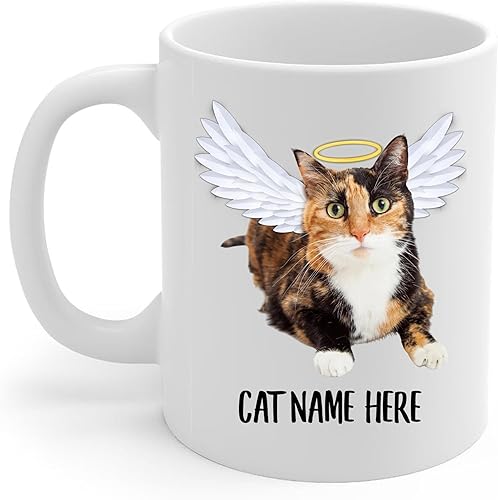 Taza de café conmemorativa personalizada con alas de ángel, calicó y carey, regalo de condolencias para los amantes de los gatos, taza blanca de 11