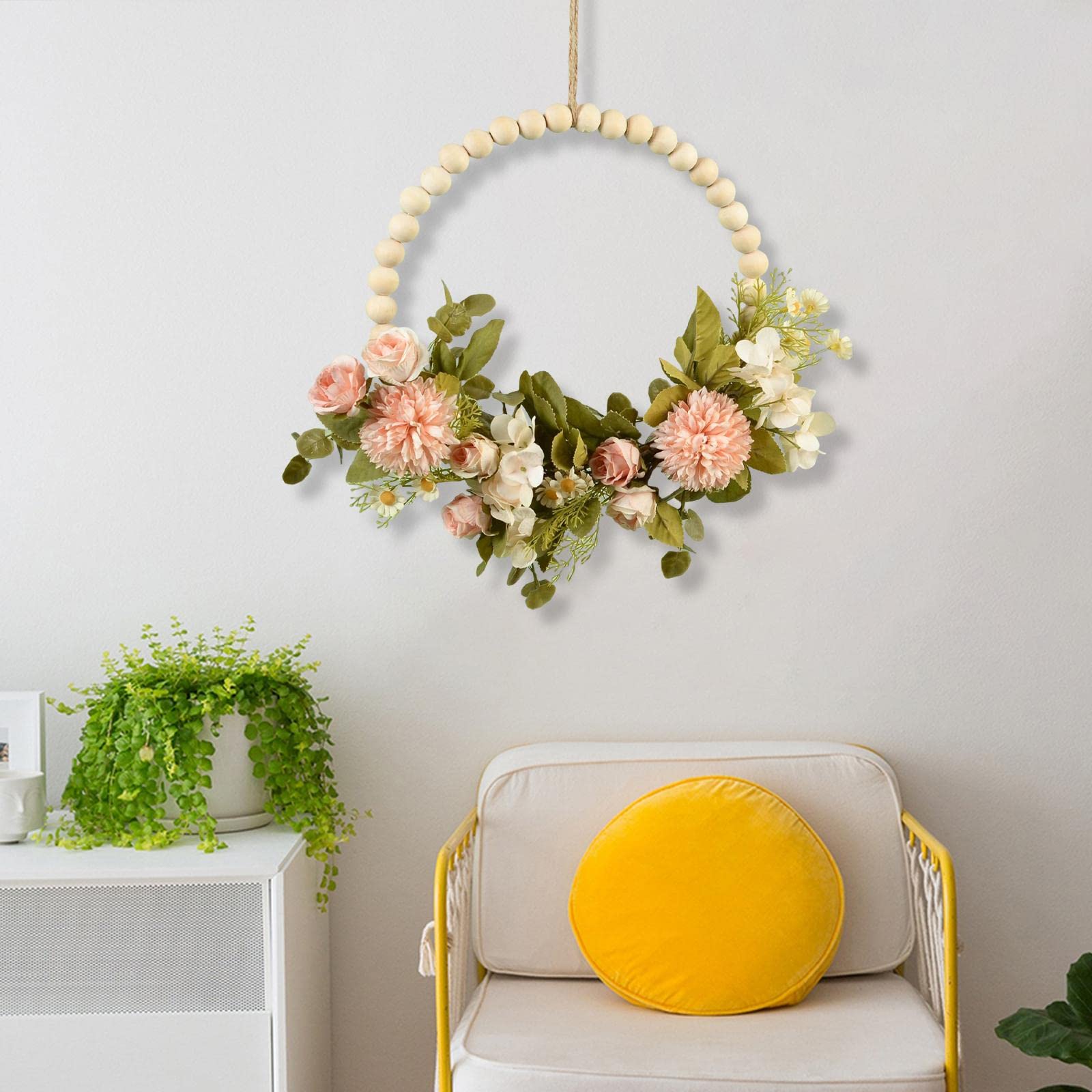 Künstlicher Blumenkranz, Türgirlande, Dekoration mit Perlen, Holz Und Grünem Laub, Geeignet für Die Dekoration von Schlafzimmern, Esszimmern Und Türen, ROSA