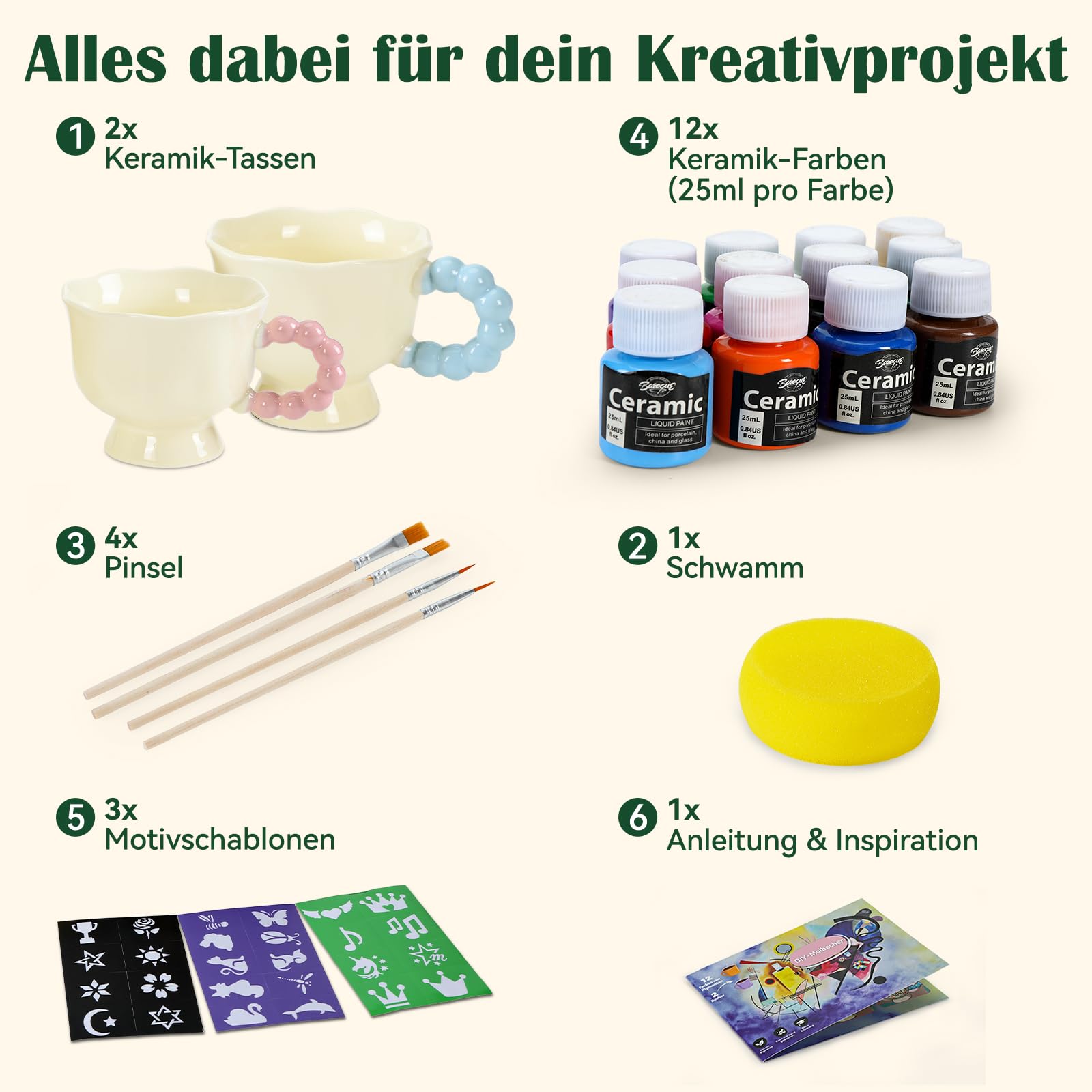 Zestaw do malowania ceramicznego DIY z 2 kubkami do malowania, farbami, pędzlami i szablonami, zestaw kubków dla początkujących, zestaw do samodzielnego wykonania, kreatywny prezent dla