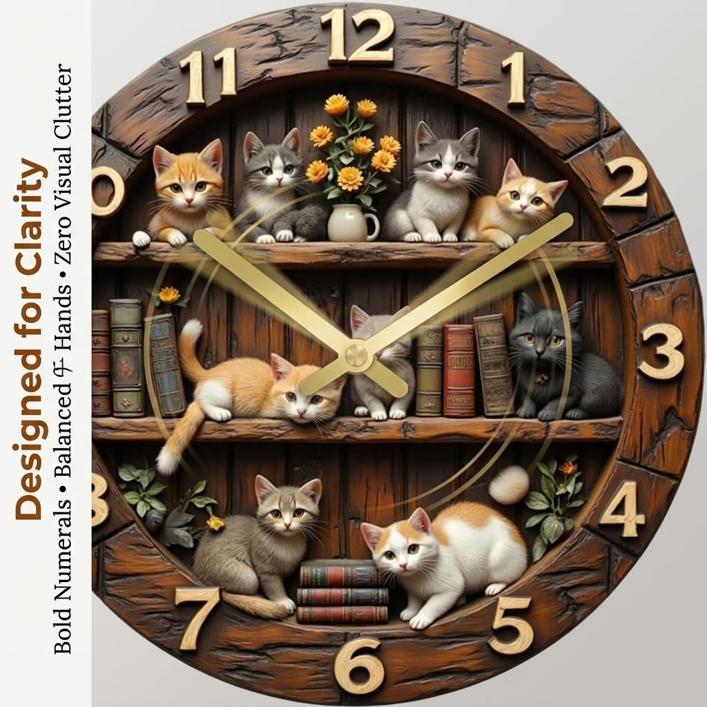 Cat-Themed Retro Wall Clock Silent Non-Ticking Wooden Round Decorative Clock Vintage Pet-Inspired Timepiece for Living Room Farmhouse Library Study Room Office (Small)