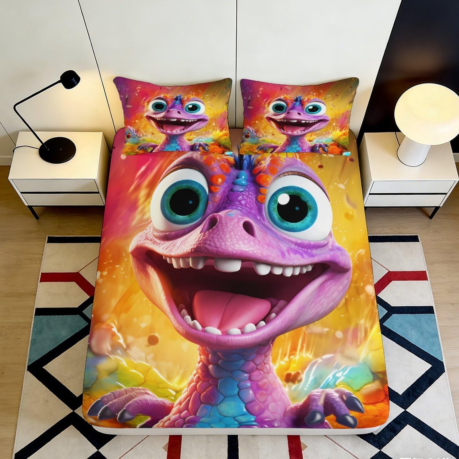 3D Printed Cartoon Dragon Fitted Sheet Microfiber Deep Pocket Non-Slip Cartoon Dragon Mattress Fitted Cover for Bedroom 140x200x25cm