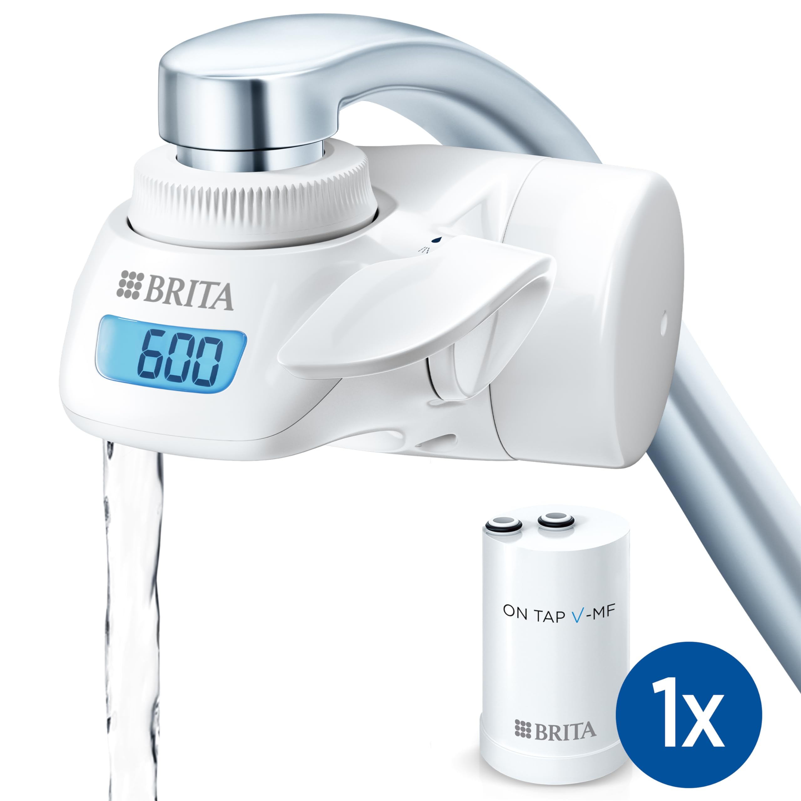 BRITA ON TAP Pro V-MF incl. 1 x filtro acqua rubinetto V-MF (600L) - riduce cloro, 99,99% dei batteri, PFAS - display contalitri digitale
