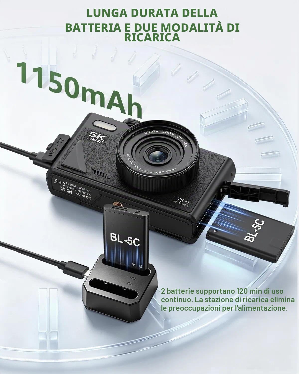 Fotocamera Digitale 5K 75MP con WLAN, Macchina Fotografica con 18X Zoom