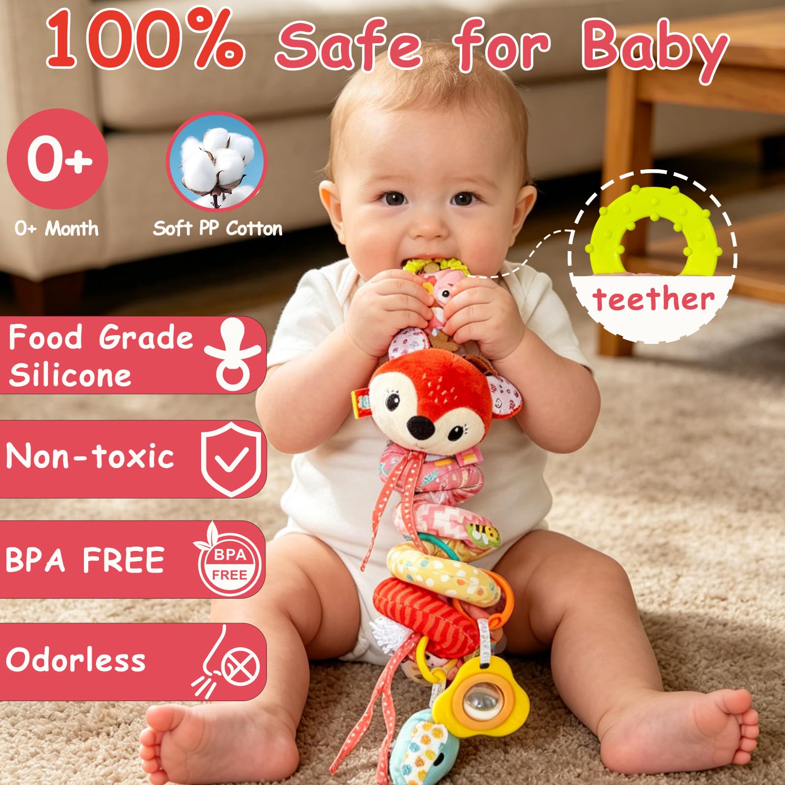 Spirale Passeggino Neonato Giochi 0-3 Mesi, Neonato Accessori Utili, Sonaglio Giochi Passeggino con Musicali, Regali per Neonati per Bambini da 6 a 12 Mesi, Peluche Cervo