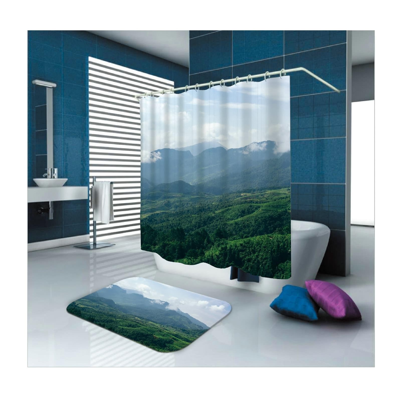 Rideau de douche imperméable et lavable motif forêt verte 150x180