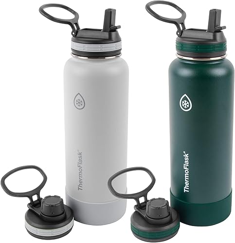 ThermoFlask Botella de 40 onzas líquidas (1.1 L) de boquilla con pajilla, combo de 2 unidades, color gris hielopino