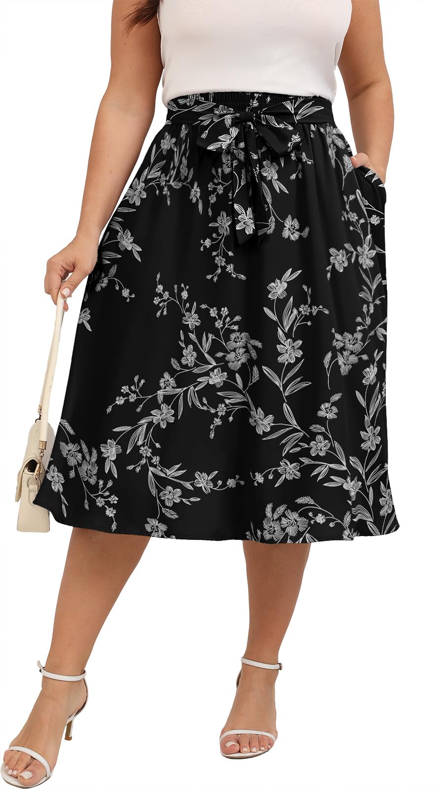 Xpenyo Womens Plus Size Midi Skirts Summer Elastic High Waisted Boho Casual Beach Flowy Swing Knee Length Skirts with Pockets