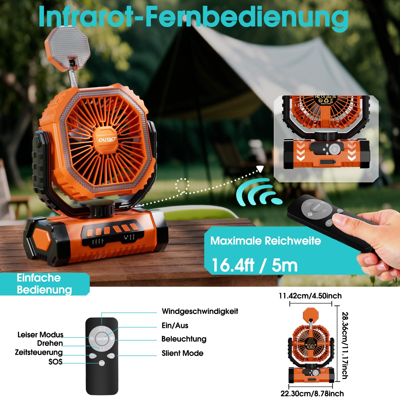 Camping Ventilator 20000mAh, Wiederaufladbarer Tischventilator USB Ventilator mit LED Licht & Haken, 270° Drehung mit Fernbedienung, Camping Fan für Indoor, Outdoor, Zelt, Grillen, Strand - Orange
