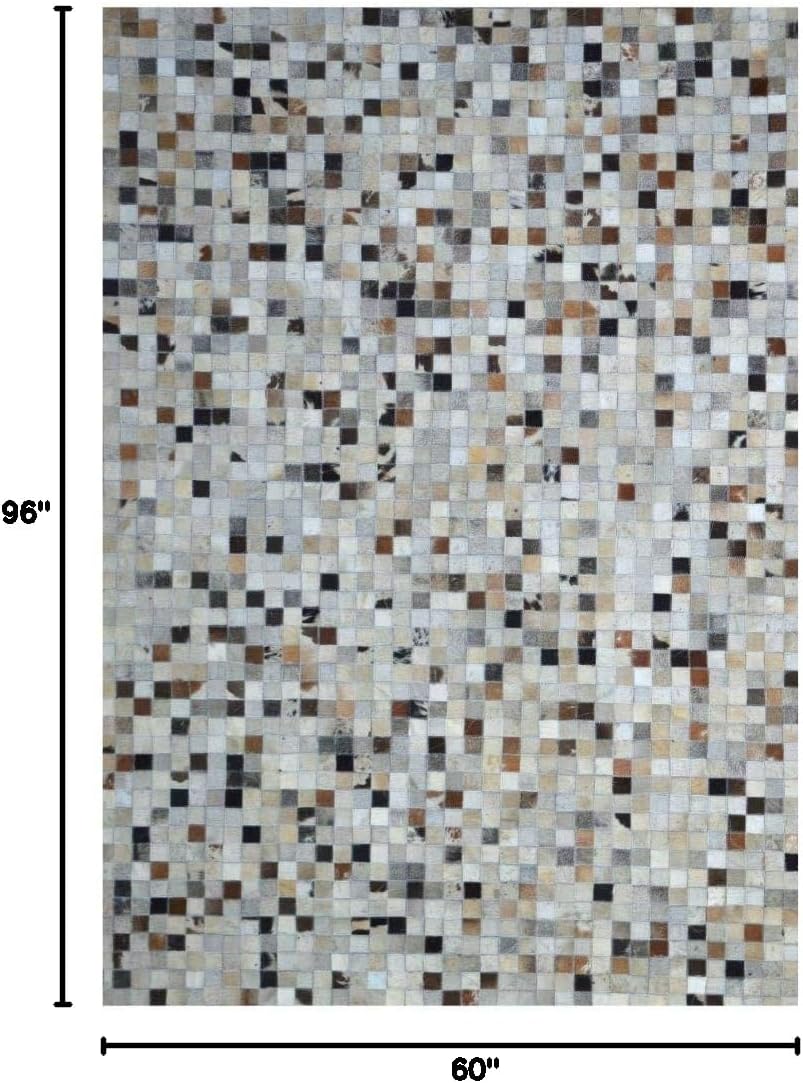 Leather Area Rug Patch Work Square Box Design Various Sizes Cow Hide Luxury Carpet for Indoor use (5x8)