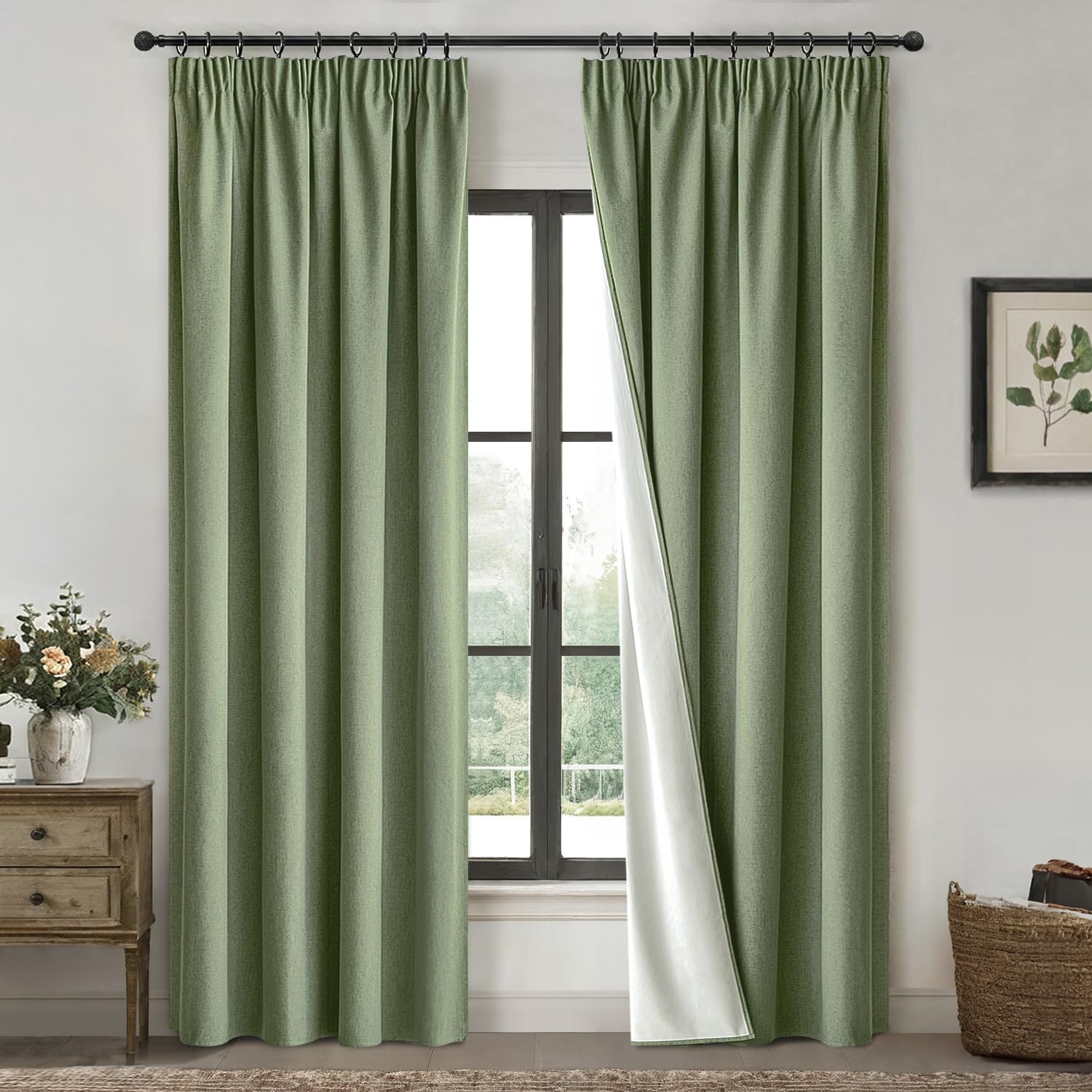 MIULEE 100% Cortinas Opacas 2 Piezas 140 x 225 cm, Verde Efecto Lino Cortinas Dormitorio con Cinta Fruncidora Anti Luz Cortina Termica Aislantes Frio y Calor para Salon