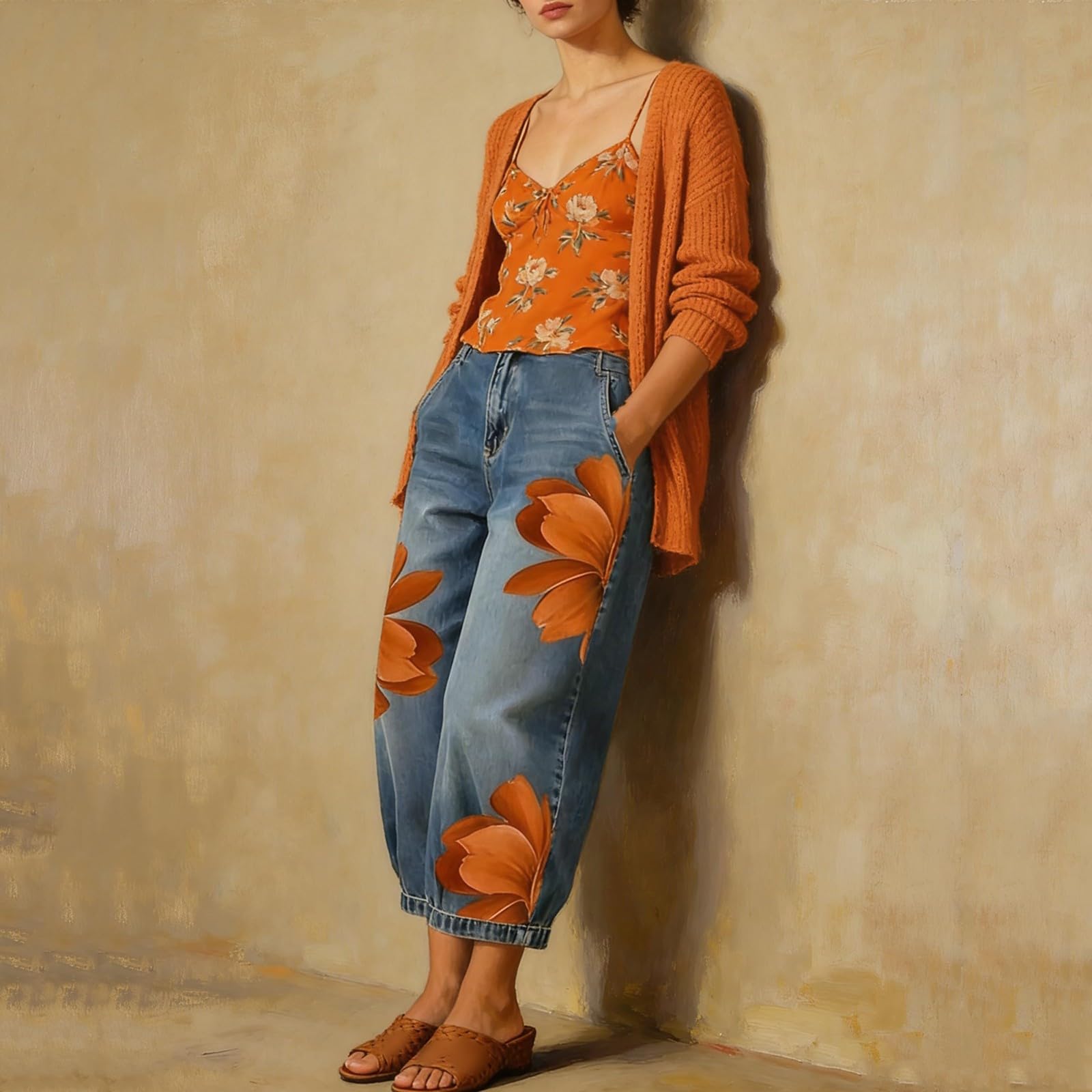 Pantaloni da donna in denim con stampa a gamba larga, jeans in denim da
