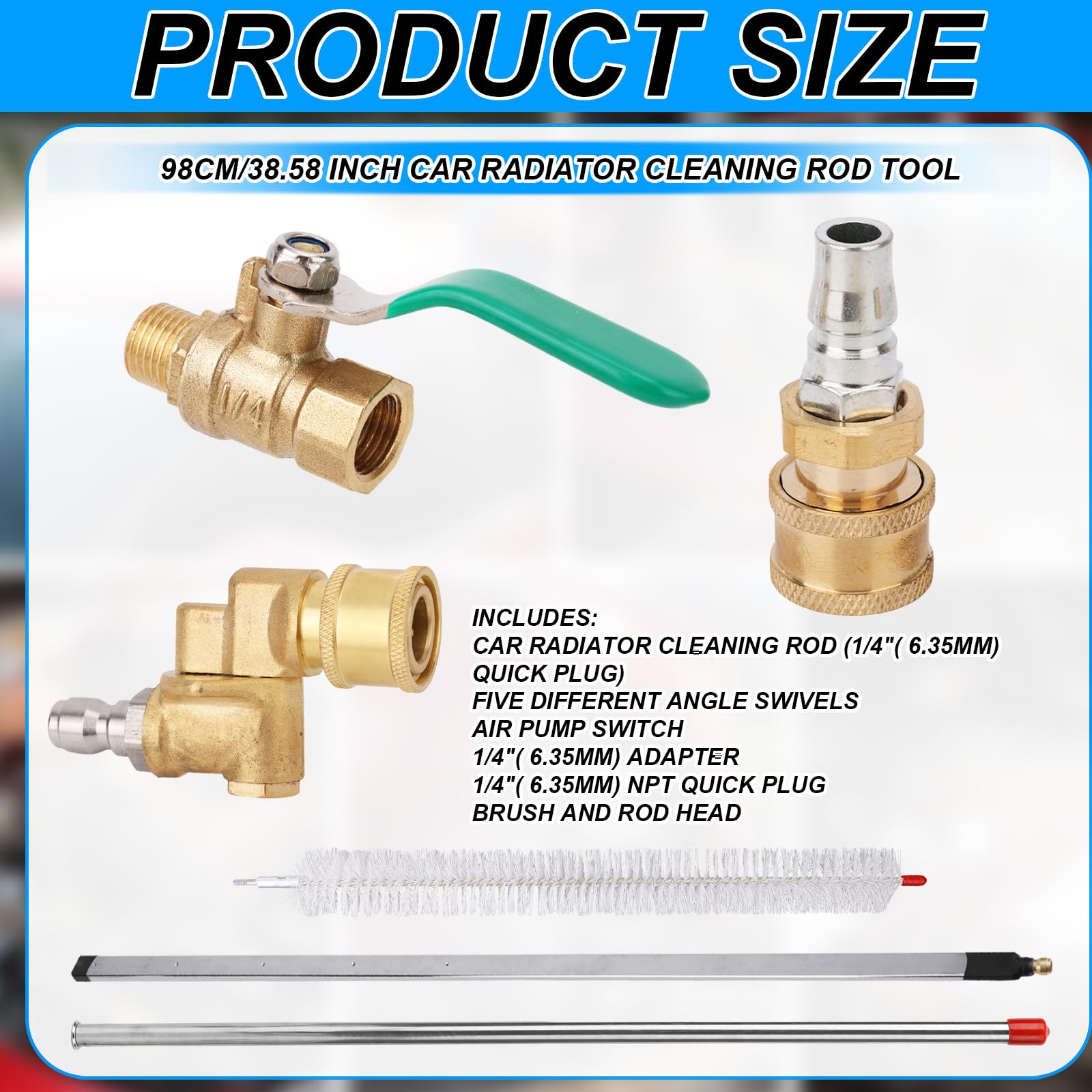 6uds 5-Hoyo 98cm Kit de Herramienta Limpieza Radiador, Varilla Limpieza Radiador con Conectores Interruptor Válvula Cepillo Poste Metálico Accesorios Prácticos para Lavado Coches y Camiones