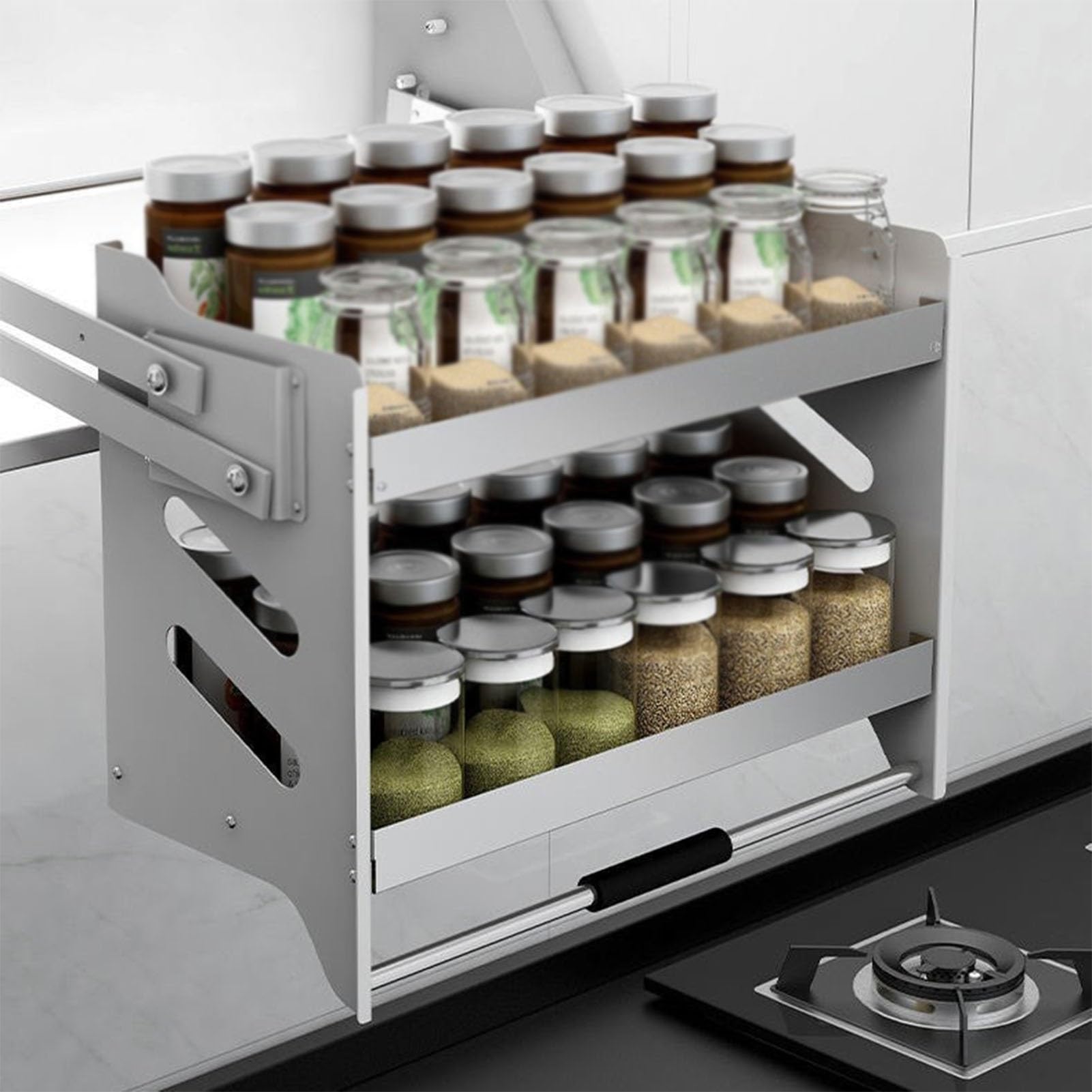 2-Poziomowa Wysuwana Szafka Organizerowa Z Wysuwanymi Półkami, Wysuwane Półki Do Szafek Kuchennych, Górna Szafka Z Podnośnikiem Do Sprzętu Agd, 564 X 280 X 520,364x280x520mm