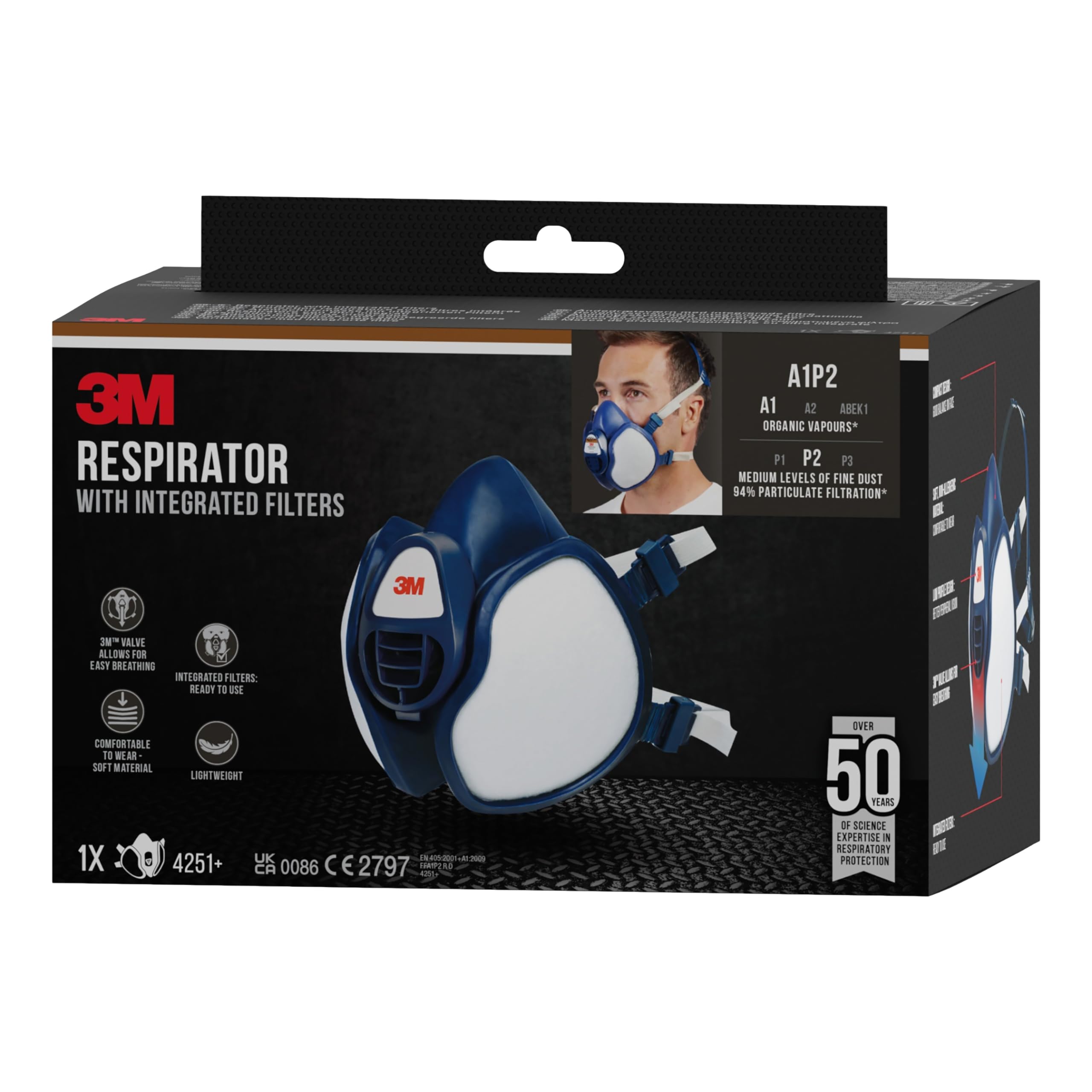 3M™ 4251 , Komplett Halbmaske 4251 , FFA1P2 R D, Wartungsfrei & Gebrauchsfertig, Industriepackung - View #8