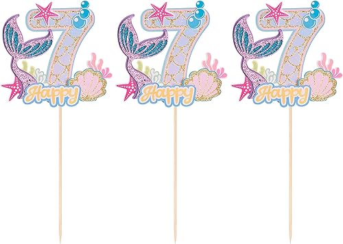 Miniatura 3 de Gyufise 1 pieza de decoración de pastel de sirena de 7 cumpleaños para niños y niñas, baby shower bajo el mar, temática de sirena, suministros de
