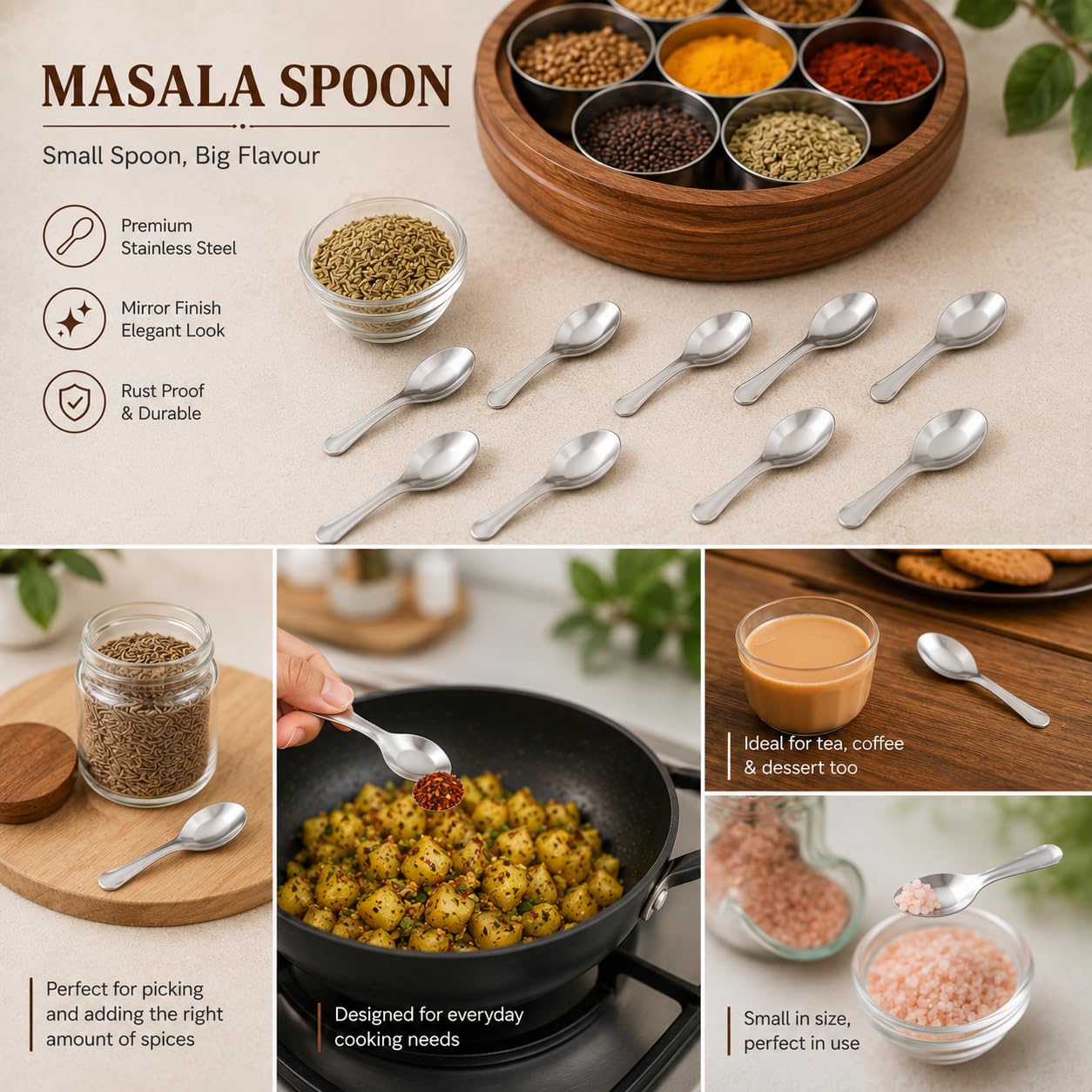 Kitchen Expert - Stainless Steel Masala Spoons | Set of 12 | Mini Spoons for Tea/Sugar | Spices Spoon for Kitchen | for Small Containers | Spoon for Masala Dabba | 3.5-Inch | Silver Color 4