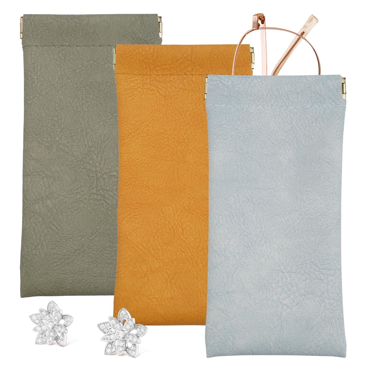 CALORPET Glasses Case Soft, 3 Pack Squeeze Top Sunglasses Case, 2025 New PU Leather Lightweight Eyeglass Cases For Women Men, Cosmetics And Jewelry