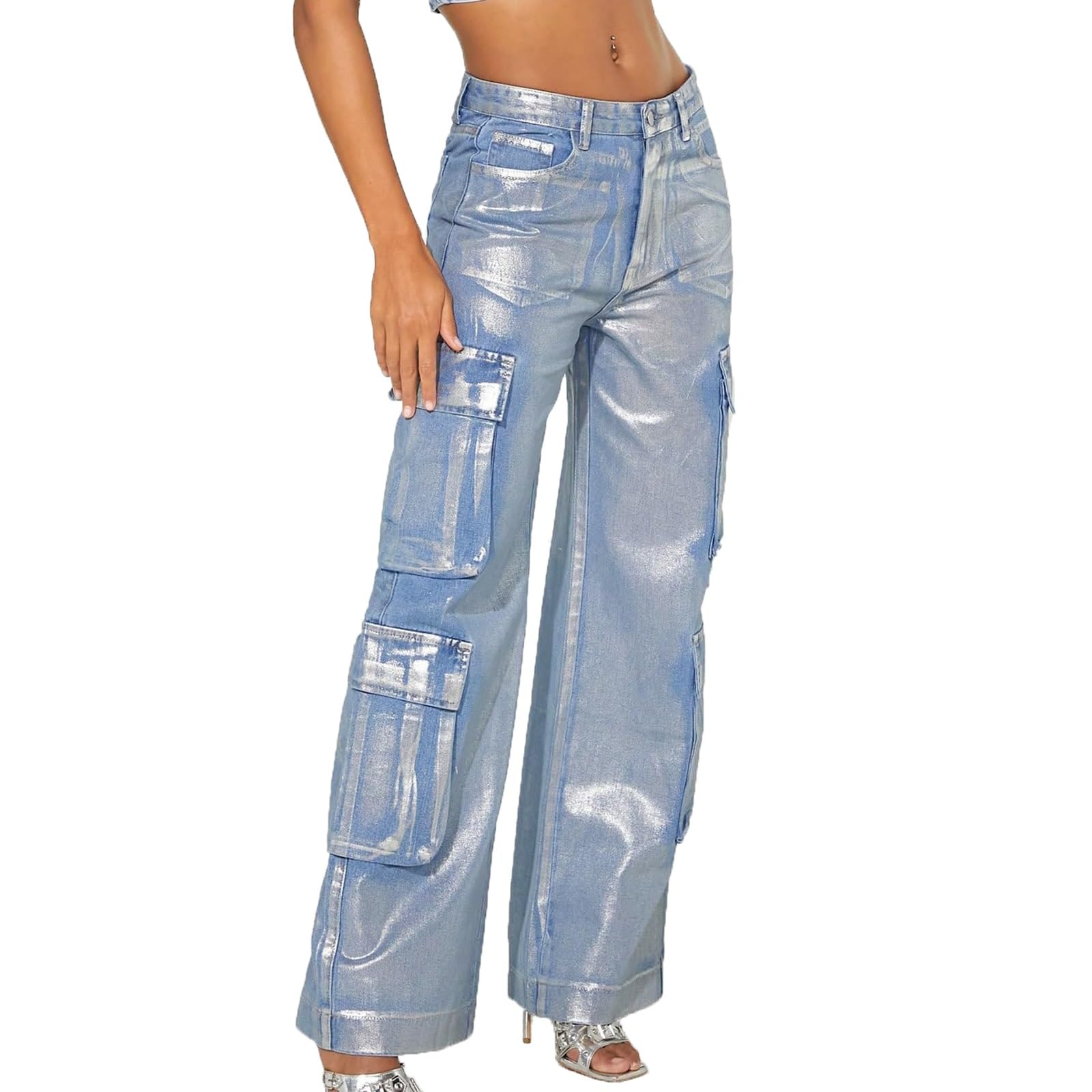 Damen Cargo Metallic-Jeans High Waist Cargohose Straight Leg Hose Weites Bein Blau Cargohose für Damen Lose Hose Mehrere Taschen Reißverschluss Punk-Gothic-Hose Loose Fit