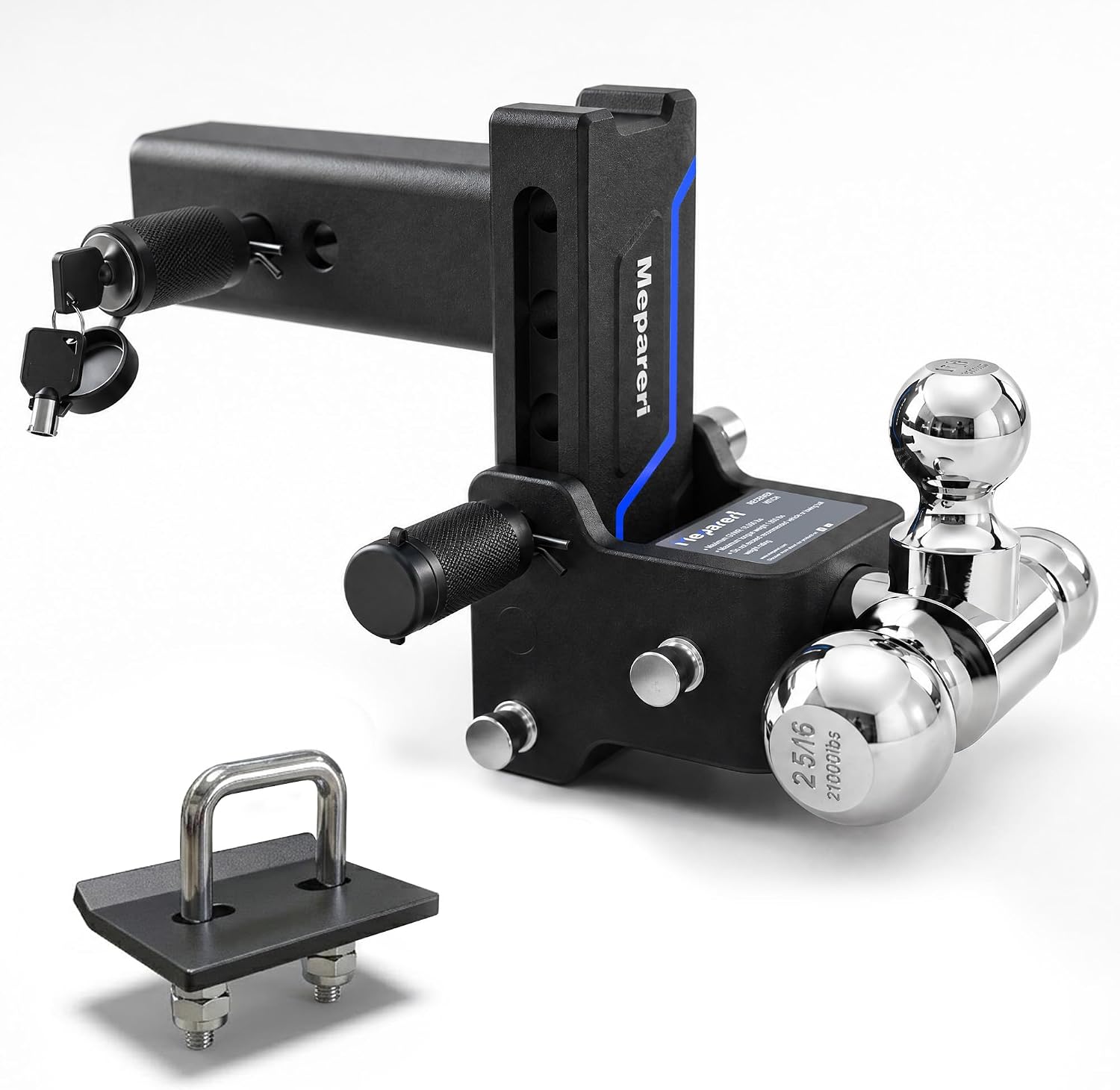 2.5 Inch Drop Hitch, Heavy Duty Adjustable Trailer Hitch Fits 2.5" Receiver, Dual Ball (2" x 2-5/16"), 5" Drop, 18,000 lbs Tow Hitch with Dual Locking Pins, Stowable Design